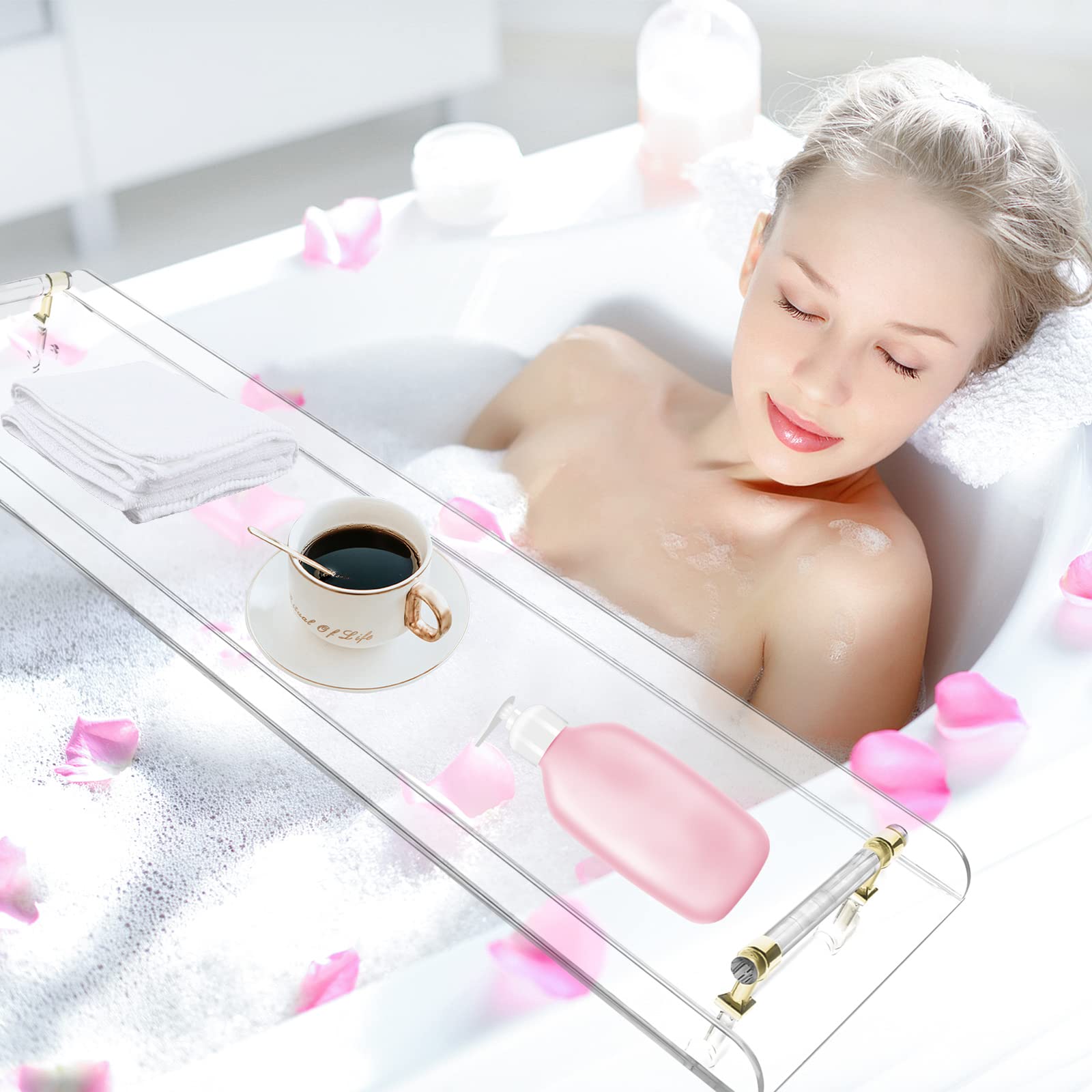**Acrylic Bathtub Caddy Tray with Gold Handle - Clear Bathroom Organizer Shelf for Towels, Books & Essentials - Spa & Relaxation Accessory**