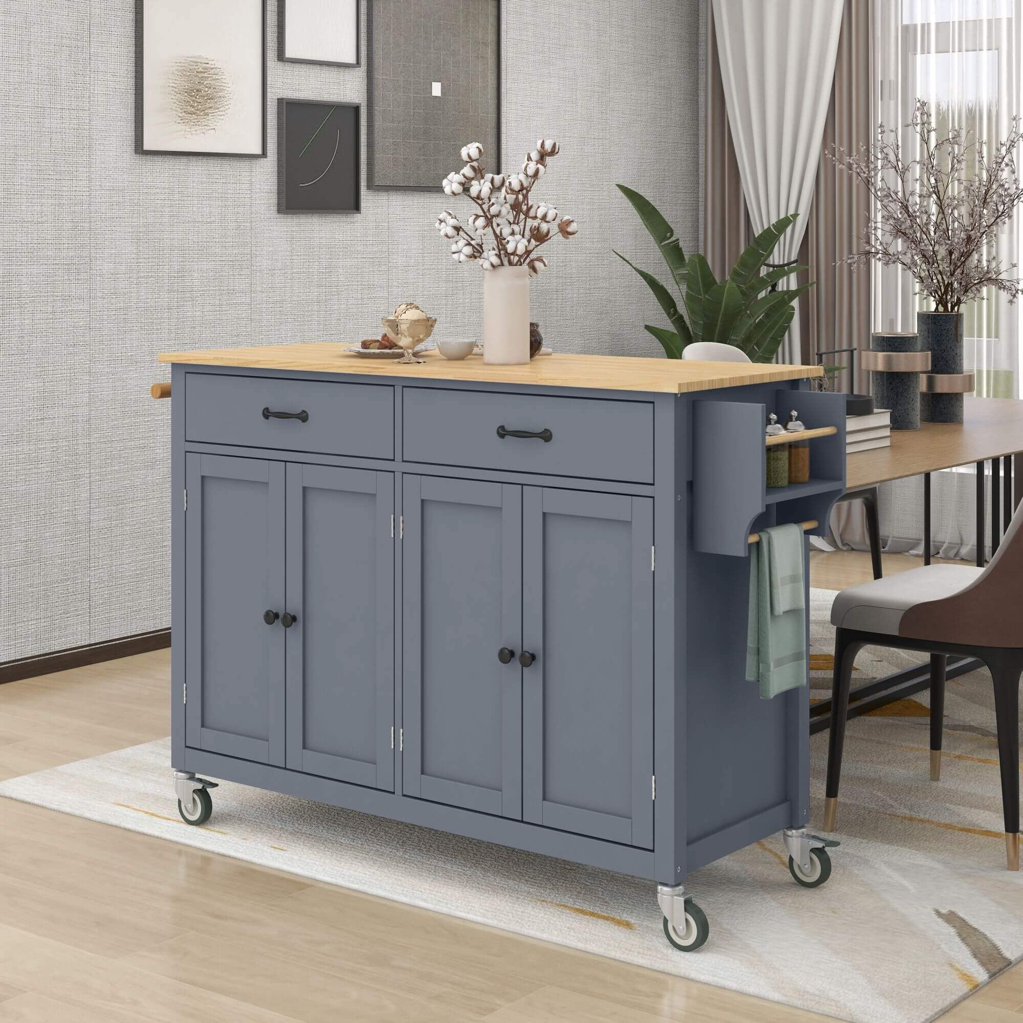 Solid Wood Kitchen Cart with 4-Door Cabinet & 2 Drawers - 54