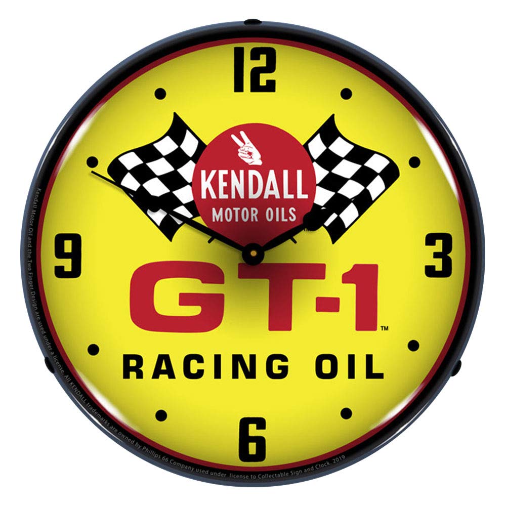 Kendall GT-1 Racing Oil LED Wall Clock - 14 Inch Vintage Retro Lighted Decor for Man Cave, Garage, Office & Home Bar