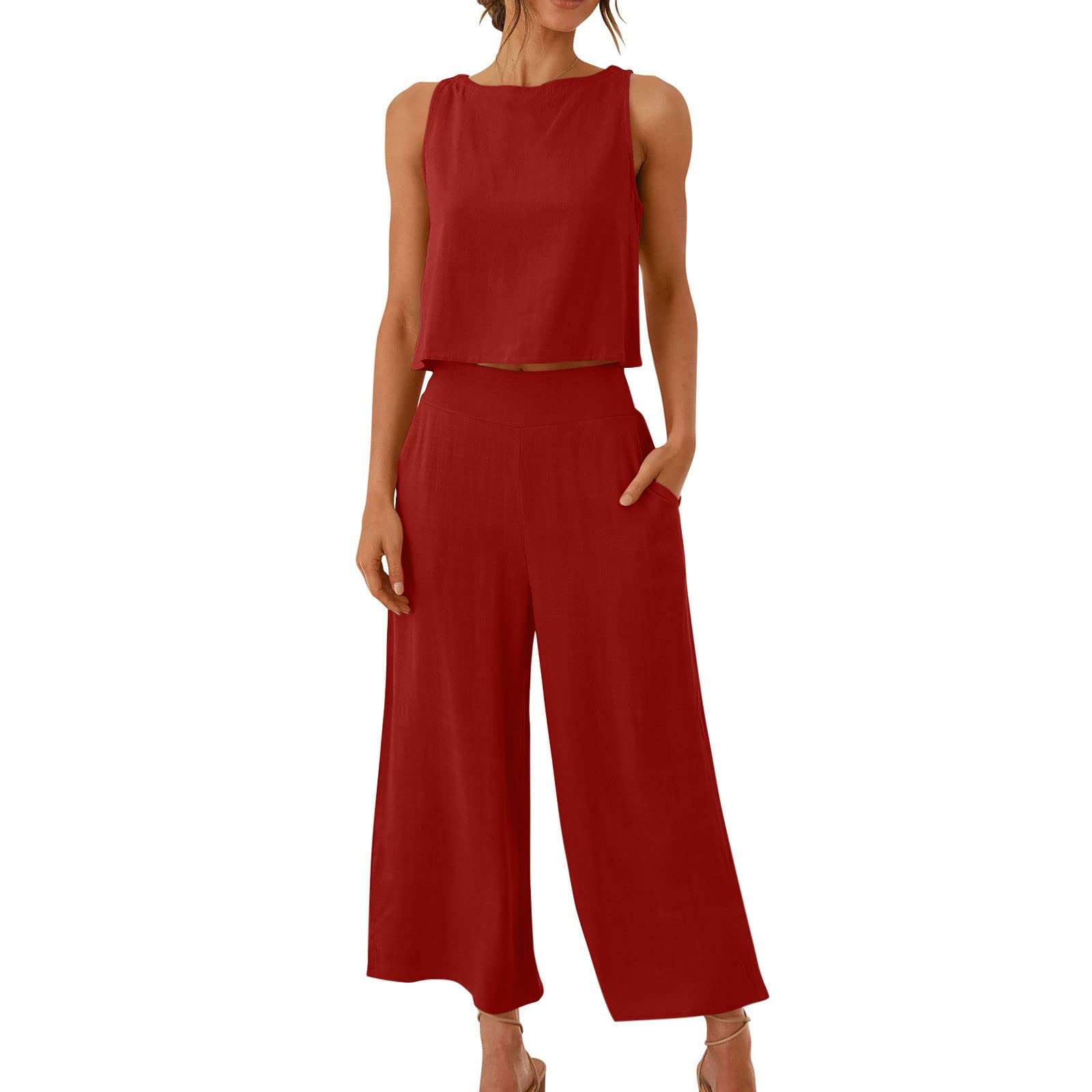AMhomely Women's 2-Piece Cotton Linen Outfit - Sleeveless Vest Top & Wide Leg Pants Set with Button Back & Pocket | Elegant Matching Trouser Suits for Work, Office, and Summer Casual Wear