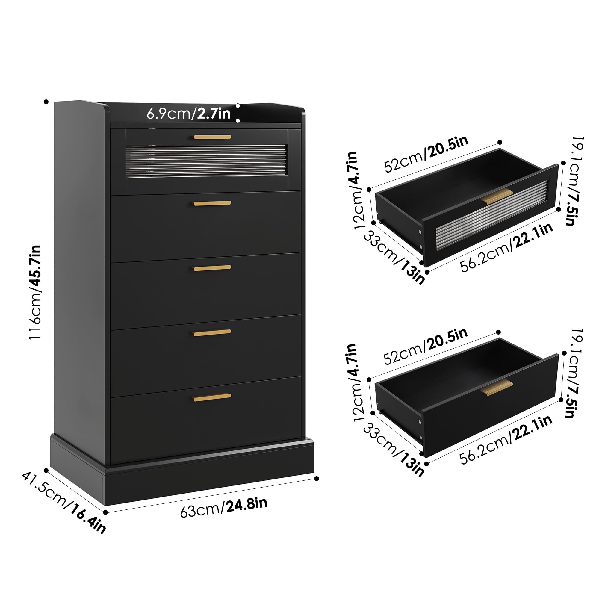 Modern 5-Drawer Dresser with Gold Handles - Wooden Storage Cabinet with Anti-Drop Fence & Fluted Glass - Black Chest of Drawers for Bedroom, Living Room, Hallway & Entryway - Perfect for Home Organization & Stylish Storage Solutions