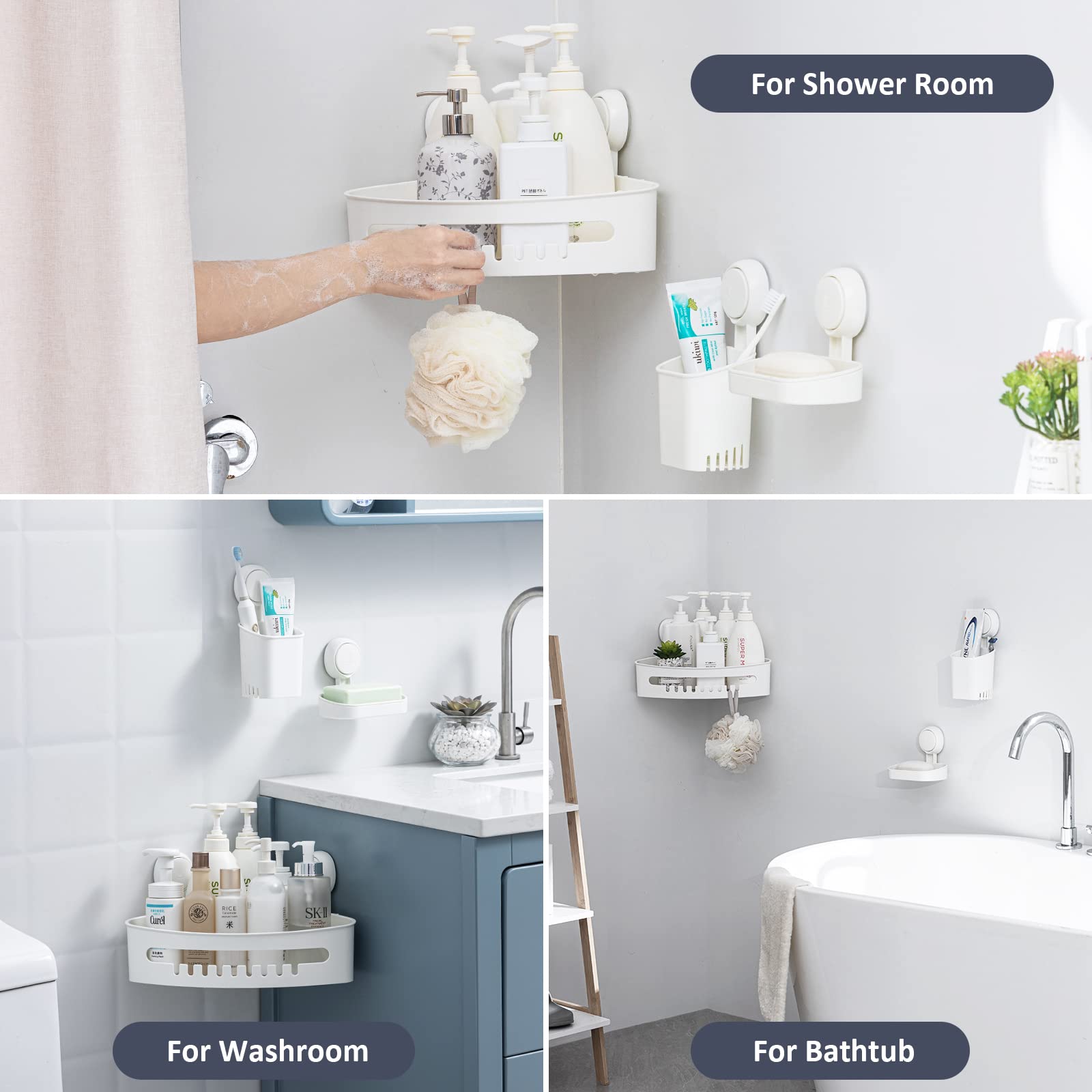 TAILI Corner Shower Caddy with Suction Cup Storage Basket - No Drill Removable Shower Organizer Set with Toothbrush Holder & Soap Dish - Perfect for Bathroom, Kitchen & Bedroom Organization