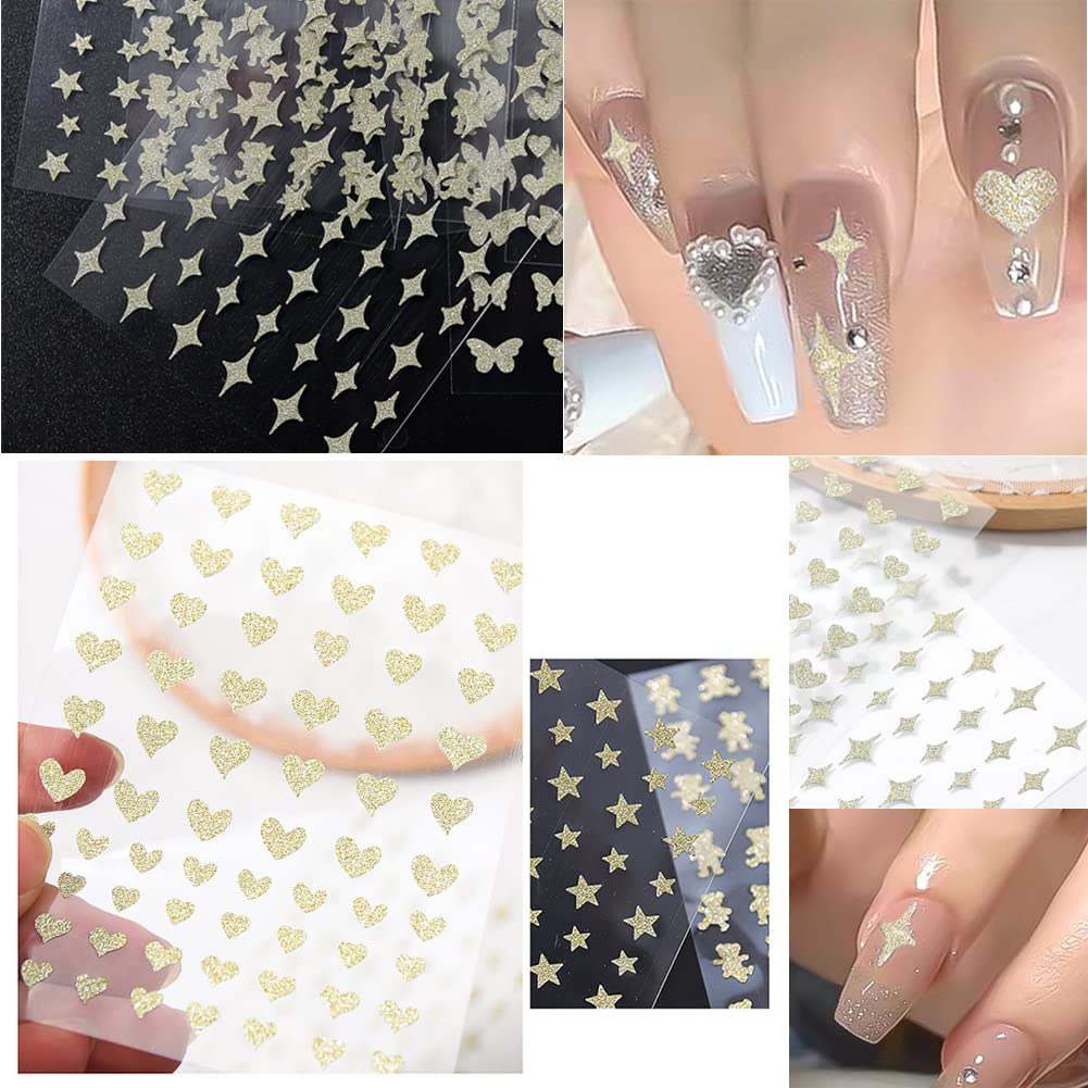 6 Sheets Gold Nail Art Stickers - 3D Metallic Self-Adhesive Nail Decals with Heart, Butterfly, Flame & Star Designs - Glitter Nail Art Supplies for Acrylic Nails - DIY Nail Decorations for Women & Girls - Perfect for Parties, Weddings, and Special Occasions