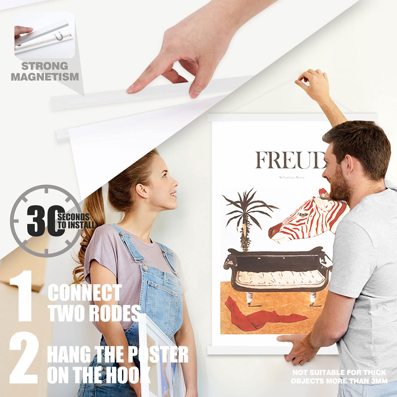 Ywlake Magnetic Poster Hanger Kit - 22x34 22x28 22x14 Inch Wooden Frame with Dowel Scroll for Wall Mounting - Perfect for Posters, Maps, Canvas Art & Prints (White, 22 Inch) - Ideal for Home Decor, Office Display & Classroom Projects