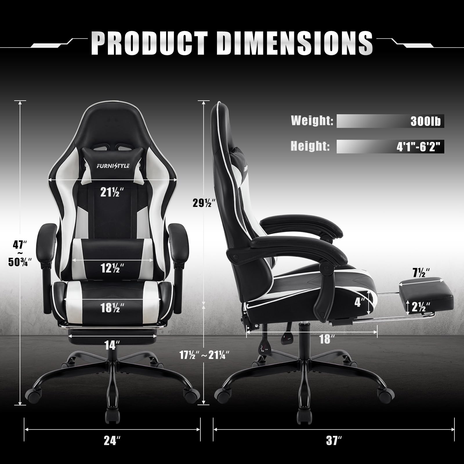 Ergonomic Gaming Chair with Footrest & Lumbar Support - Reclining Video Game Desk Chair for Teens & Adults - Adjustable Linkage Armrests - PU Leather Computer Chair for Office & Home Gaming Setup (Black-White) - Perfect for Esports, Streaming & Long Work Sessions