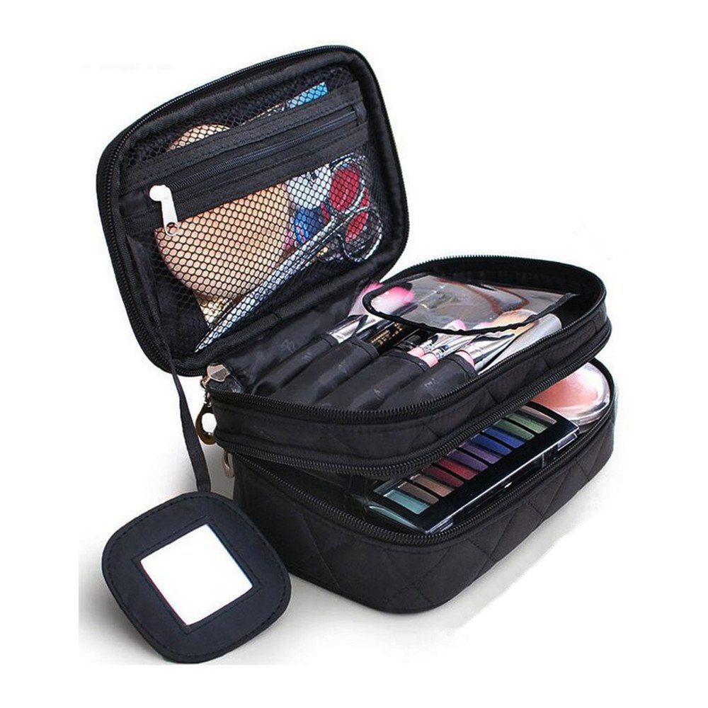 Double Layer Makeup Bag with Mirror - Professional Cosmetic Organizer for Women, Travel Makeup Brush Case, Beauty Storage Pouch (Size S, Black) - Perfect for Travel, Home & Salon Use