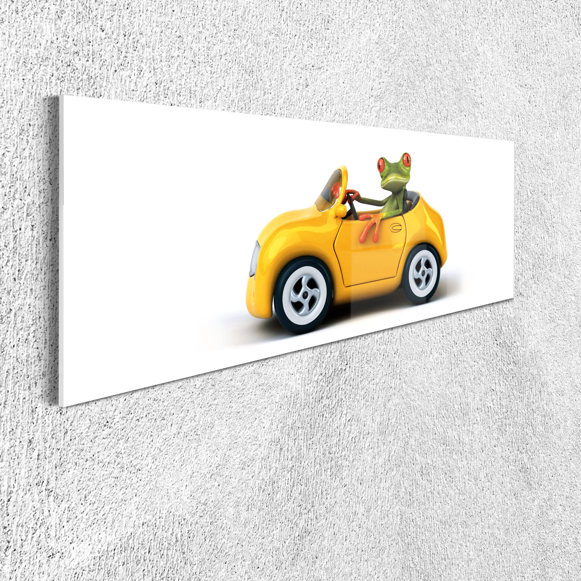 Ambesonne Funny Frog Driving Car Wall Art - 42x16 Inch Humorous Jungle Animal Acrylic Glass Print in Earth Yellow & Olive Green - Perfect for Living Room, Bedroom, Dorm Decor | Unique Gift Idea for Animal Lovers & Home Decor Enthusiasts