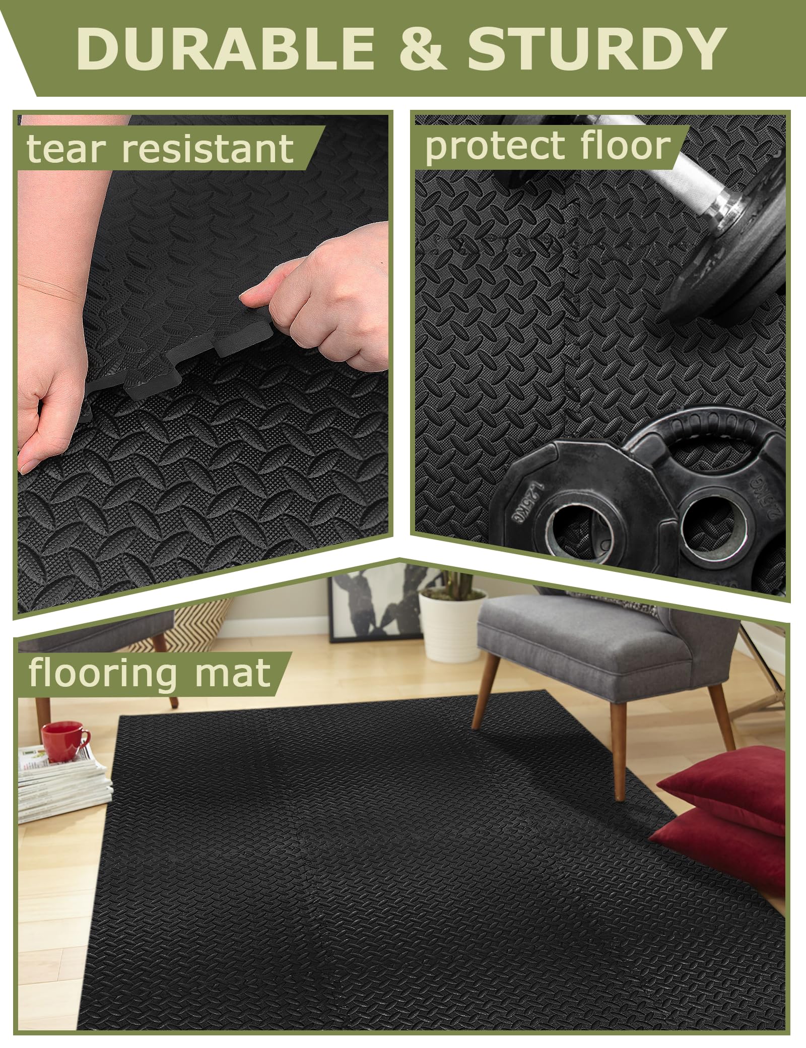 innhom 12/24/48 Pack Interlocking Gym Floor Tiles - High Density Foam Exercise Mats for Home Gym, Garage Workouts & Fitness Equipment Protection (24