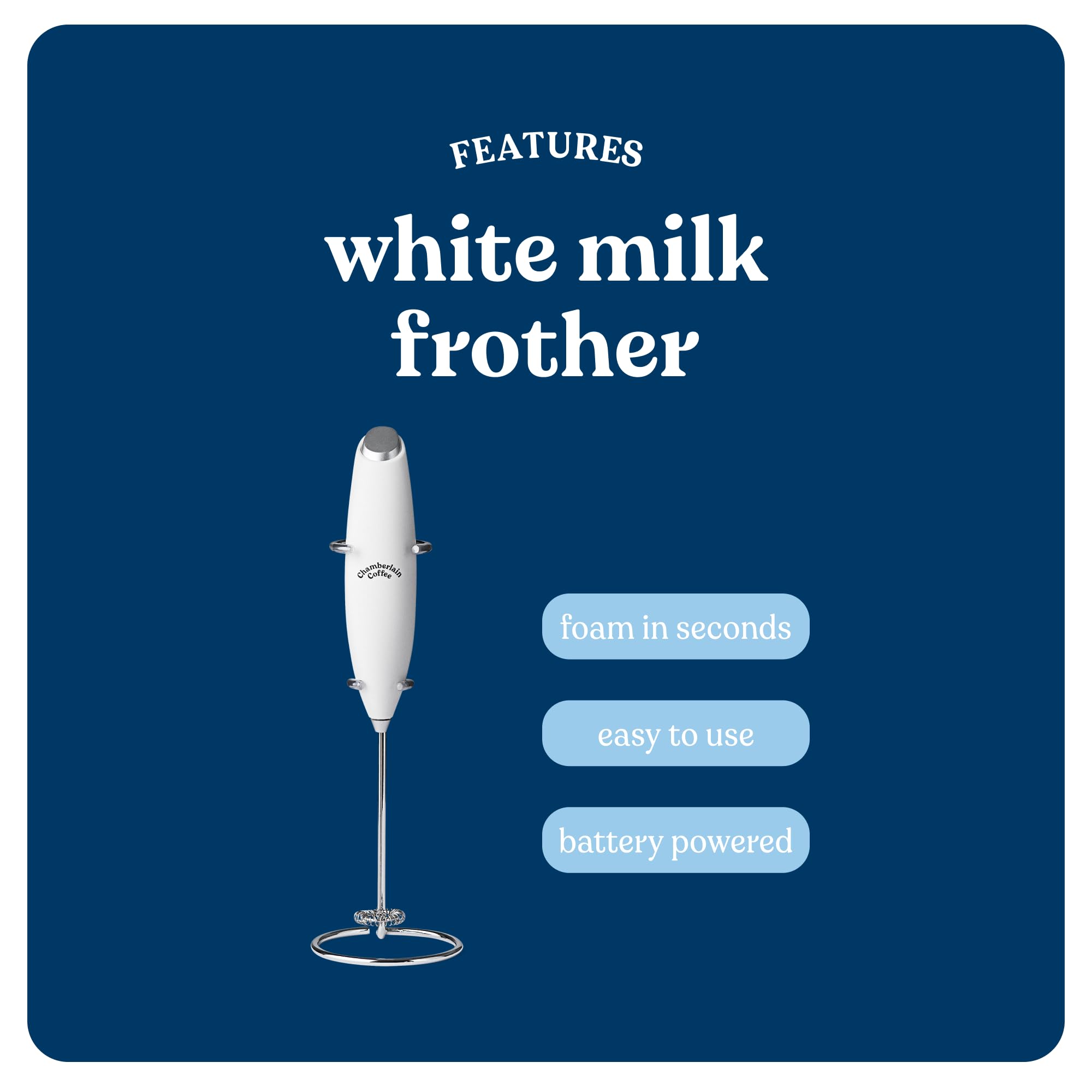 Chamberlain Coffee White Milk Frother - Handheld Electric Foam Maker for Coffee, Matcha, Hot Chocolate & Drink Mixing - Perfect for Lattes, Cappuccinos & Hot Cocoa at Home or Office