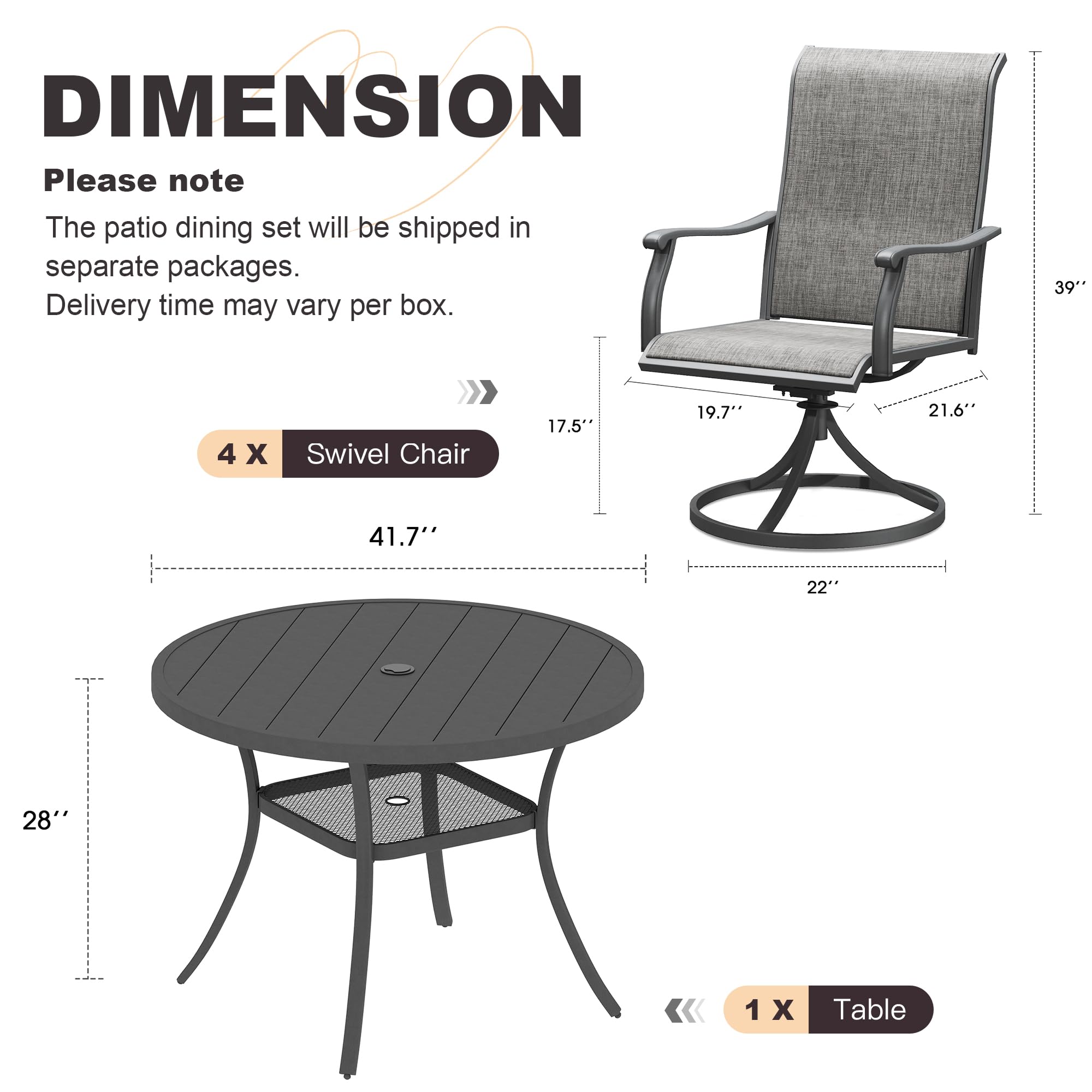 VICLLAX 5-Piece Outdoor Patio Furniture Set - All-Weather Swivel Chairs & Round Dining Table for Backyard, Deck, Garden - Dark Grey - Perfect for Outdoor Entertaining & Relaxation