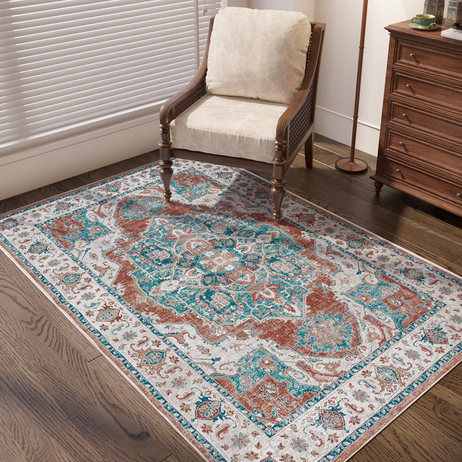 Jinchan 3x5 Washable Vintage Floral Area Rug - Rusty Red Traditional Distressed Entryway Doormat for Kitchen, Bathroom, Bedroom & Living Room | Indoor Floor Covering for Home Decor & High Traffic Areas