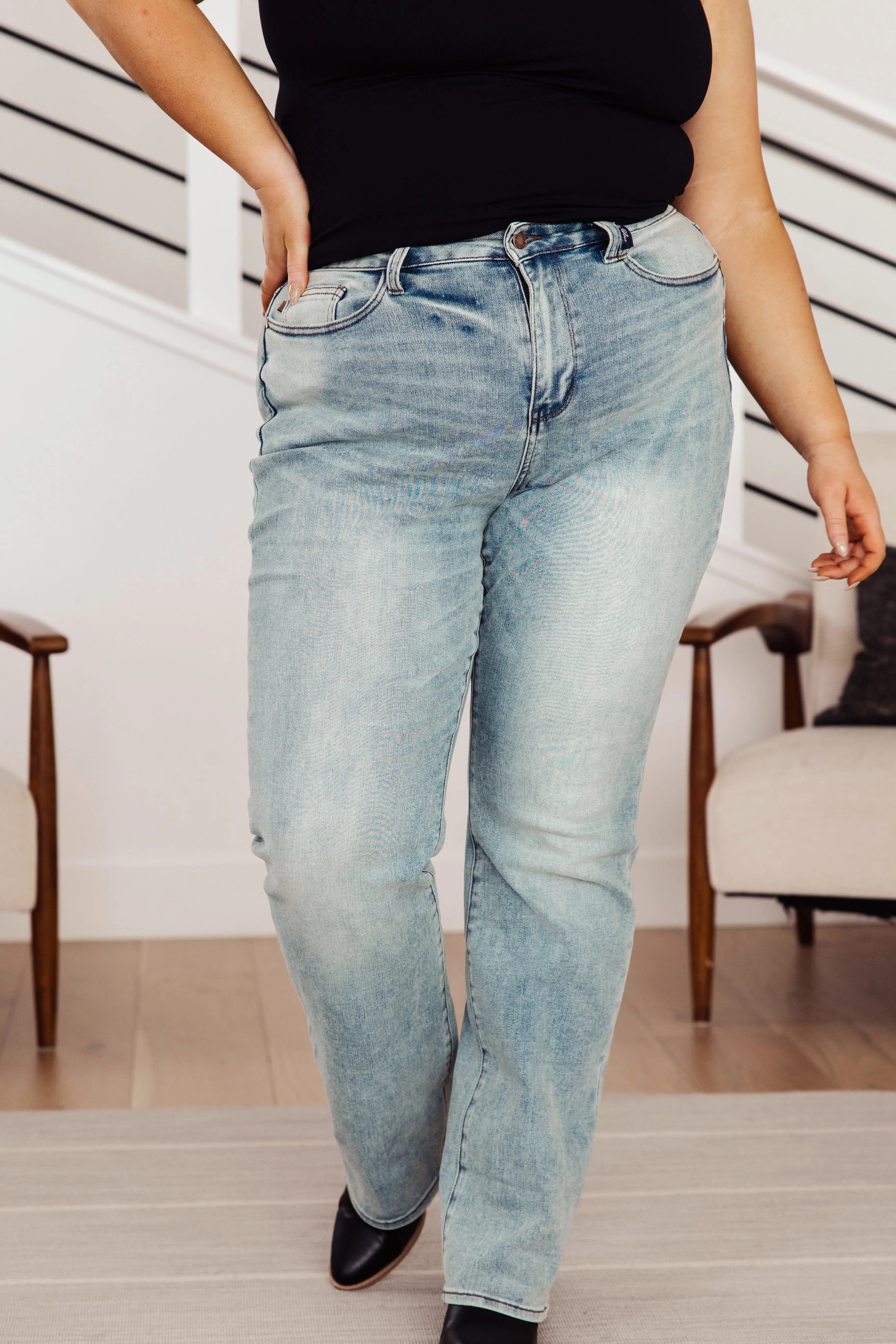 Miranda High Rise Plaid Cuff Vintage Straight Jeans for Women - Classic Retro Denim Pants with Checkered Hem Detail | Perfect for Casual Outfits, Date Nights & 90s Fashion Looks