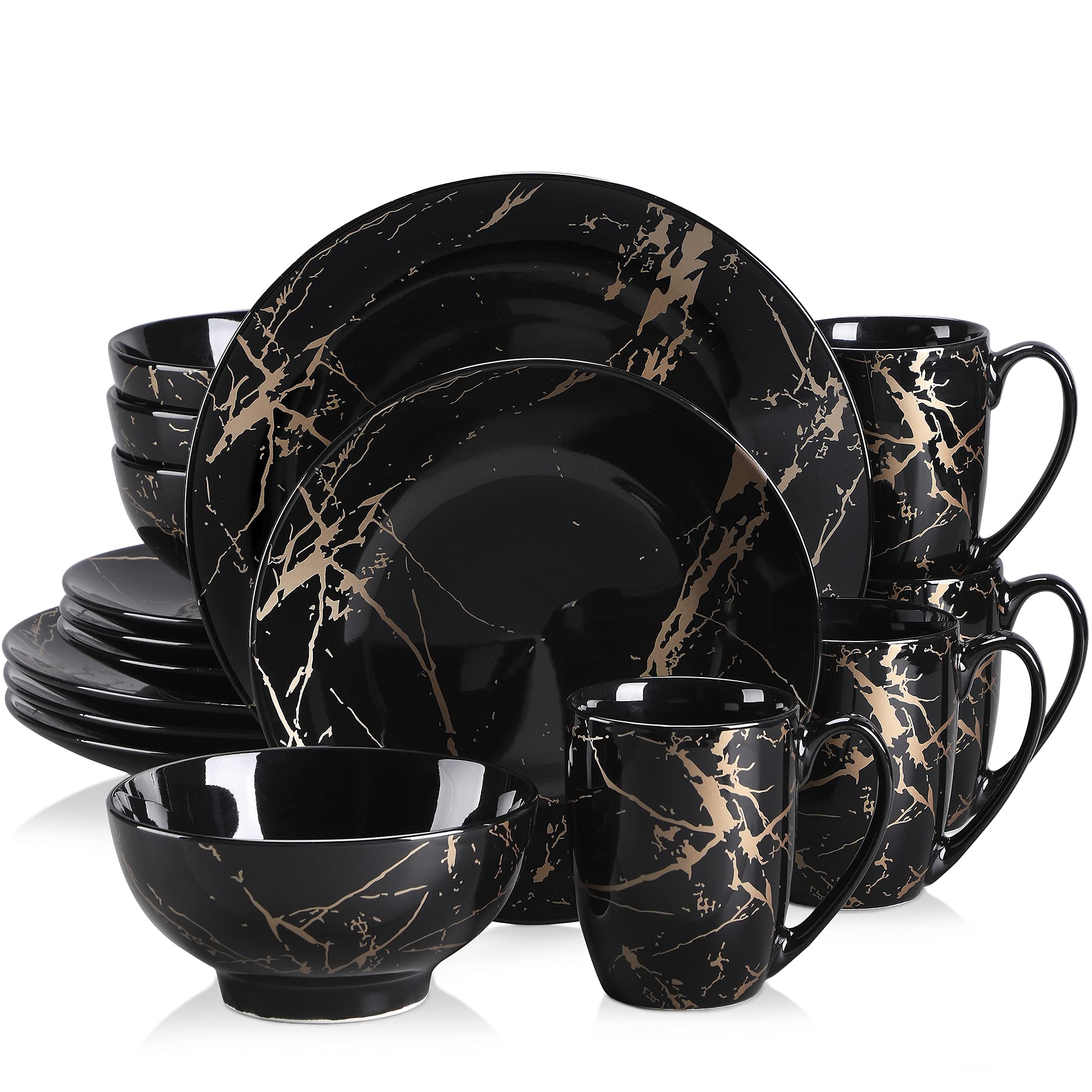 16-Piece Black and Gold Porcelain Dinnerware Set for 4 - Plates, Bowls & Mugs - LOVECASA Microwave & Dishwasher Safe Tableware - Perfect for Family Dinners, Parties & Everyday Use