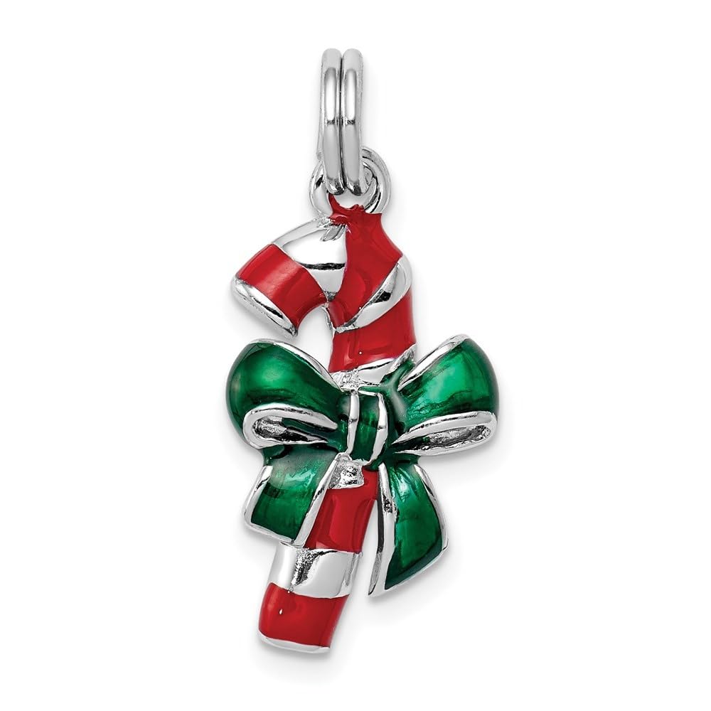 Sterling Silver Rhodium-Plated Enamel Candy Cane Charm Pendant - Christmas Holiday Jewelry Gift for Women, Perfect for Tree Decorations & Stocking Stuffers