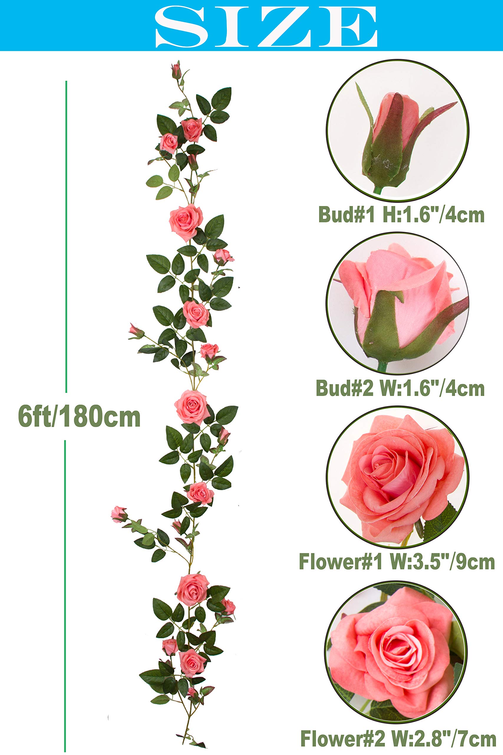 2 Pack 6FT Artificial Rose Vine Garland - Velvety Silk Flower Vine for Wedding Arch, Backdrop, Home Decor, Wreath, Party Decoration (Pink) | Perfect for Indoor/Outdoor Events, Bridal Showers & Garden Parties
