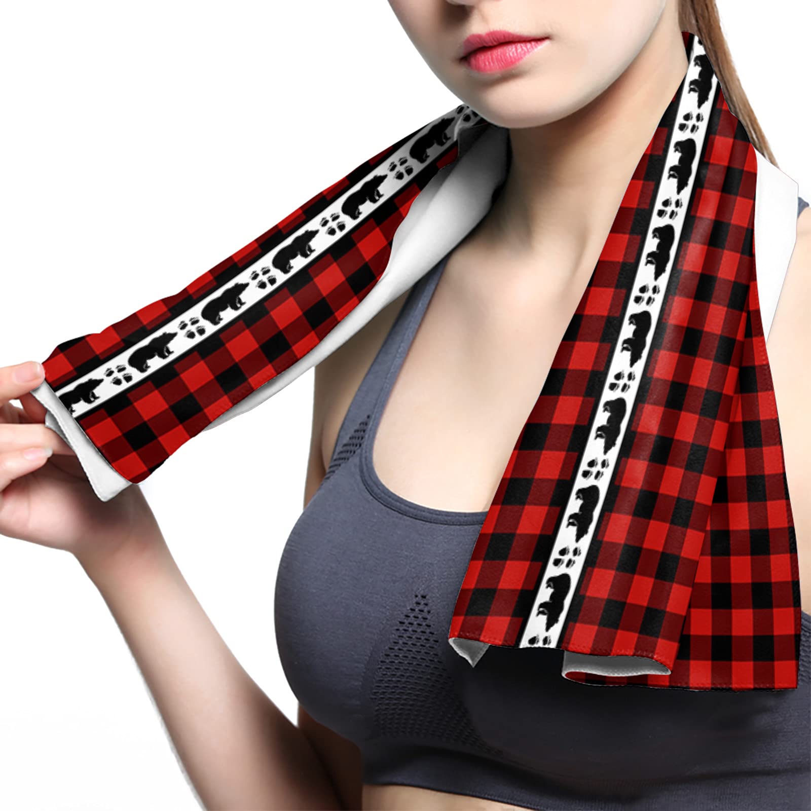 ArneCase Super Absorbent Microfiber Gym Towel - 13.8x39 Inch Sports Sweat Towel for Fitness, Workout & Yoga | Classic Red Black Plaid Design with Bear & Footprint Patterns | Perfect for Gym, Home Exercise, and Outdoor Activities