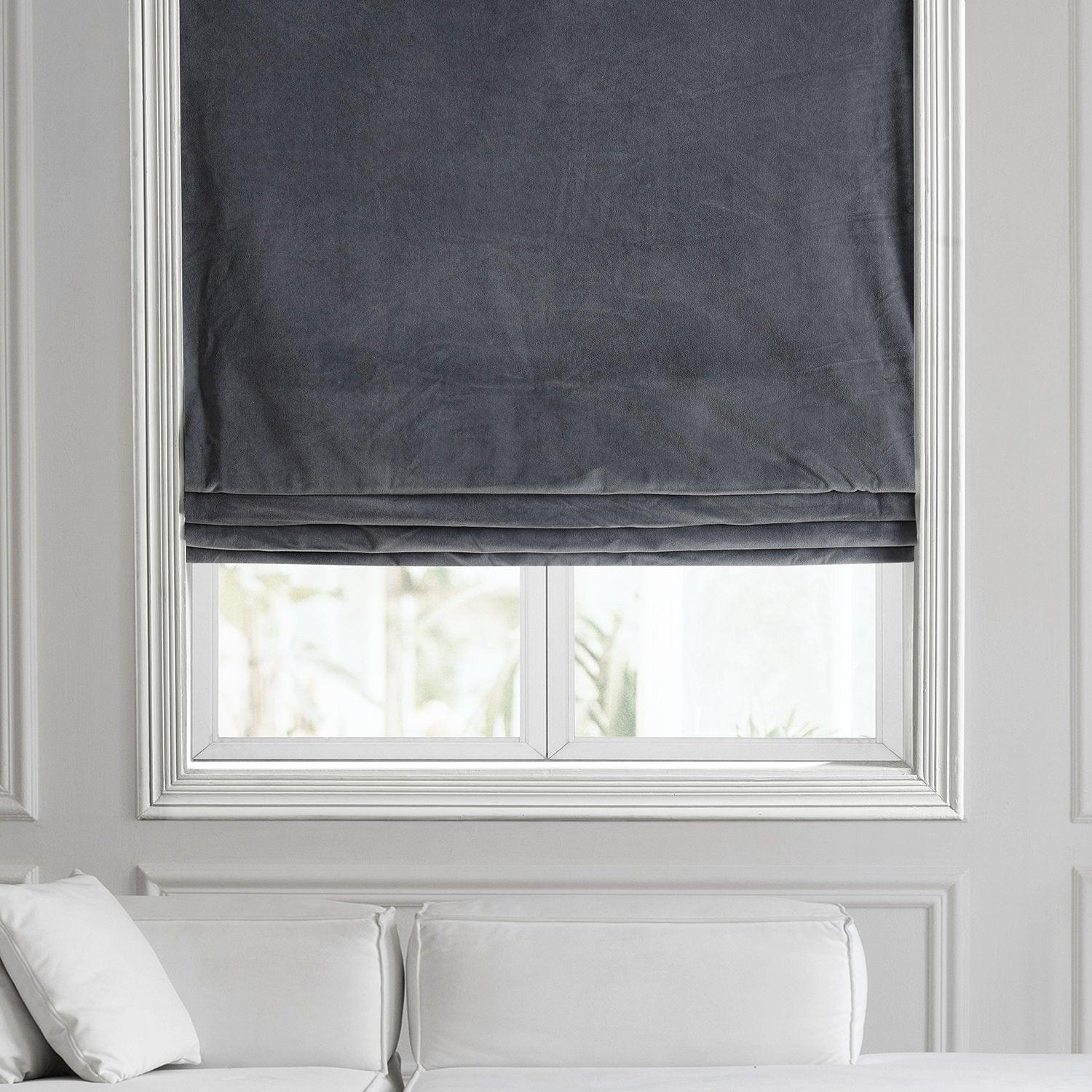 Blue Grey Signature Velvet Roman Shade - Elegant Window Treatment for Living Room & Bedroom | Light Filtering & Privacy