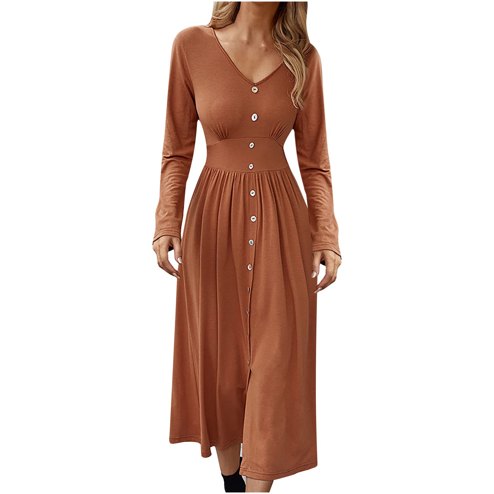 GBSELL Women's Casual Elastic Waist Tunic Dress - Long Sleeve V-Neck Midi Dress for Fall, Party & Everyday Wear | Comfortable Office, Date Night & Holiday Outfit