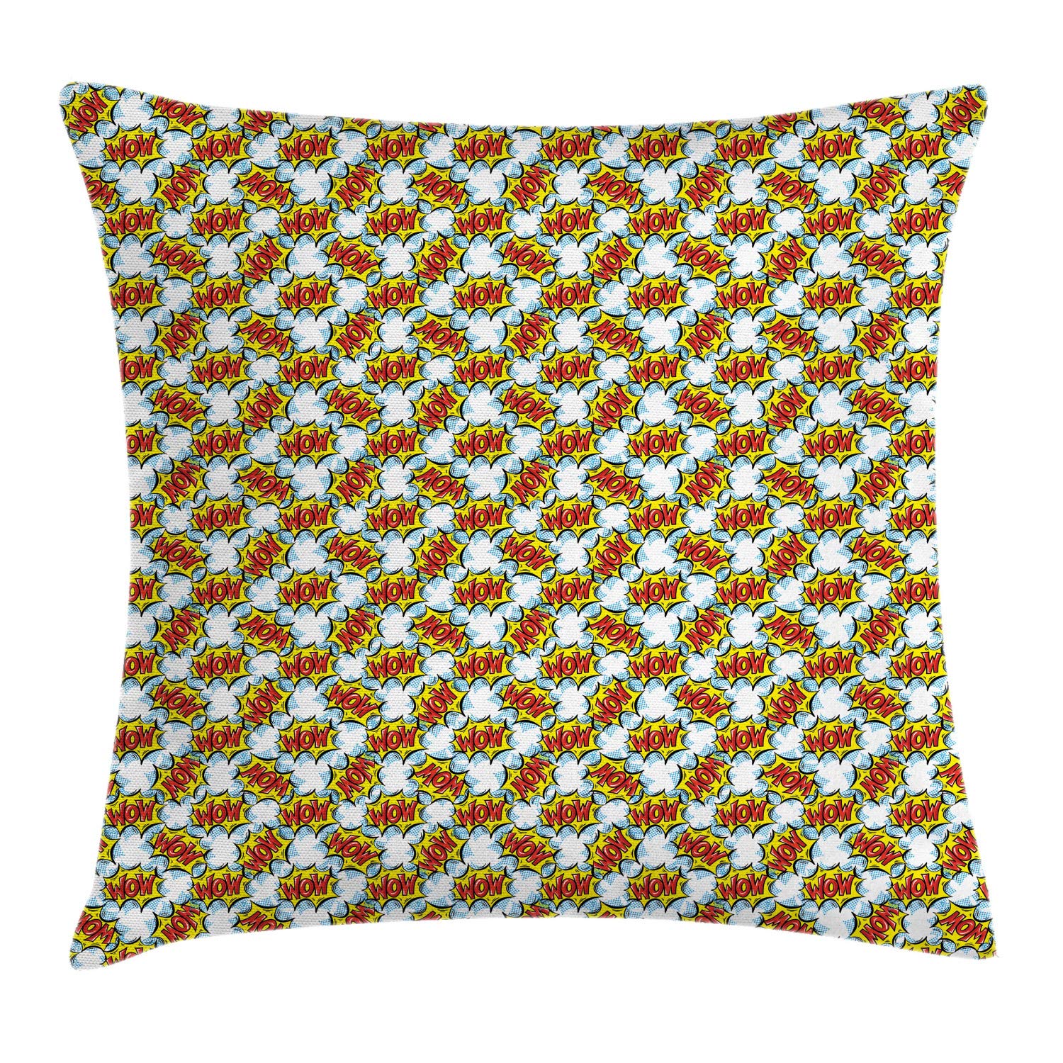 Ambesonne Pop Art Throw Pillow Cover 24x24 Inches - Retro Comic Speech Bubble Design with Wow Word, Funny Humor Illustration in Yellow Vermilion & Blue - Decorative Square Accent Pillow Case for Living Room, Bedroom, or Office Decor