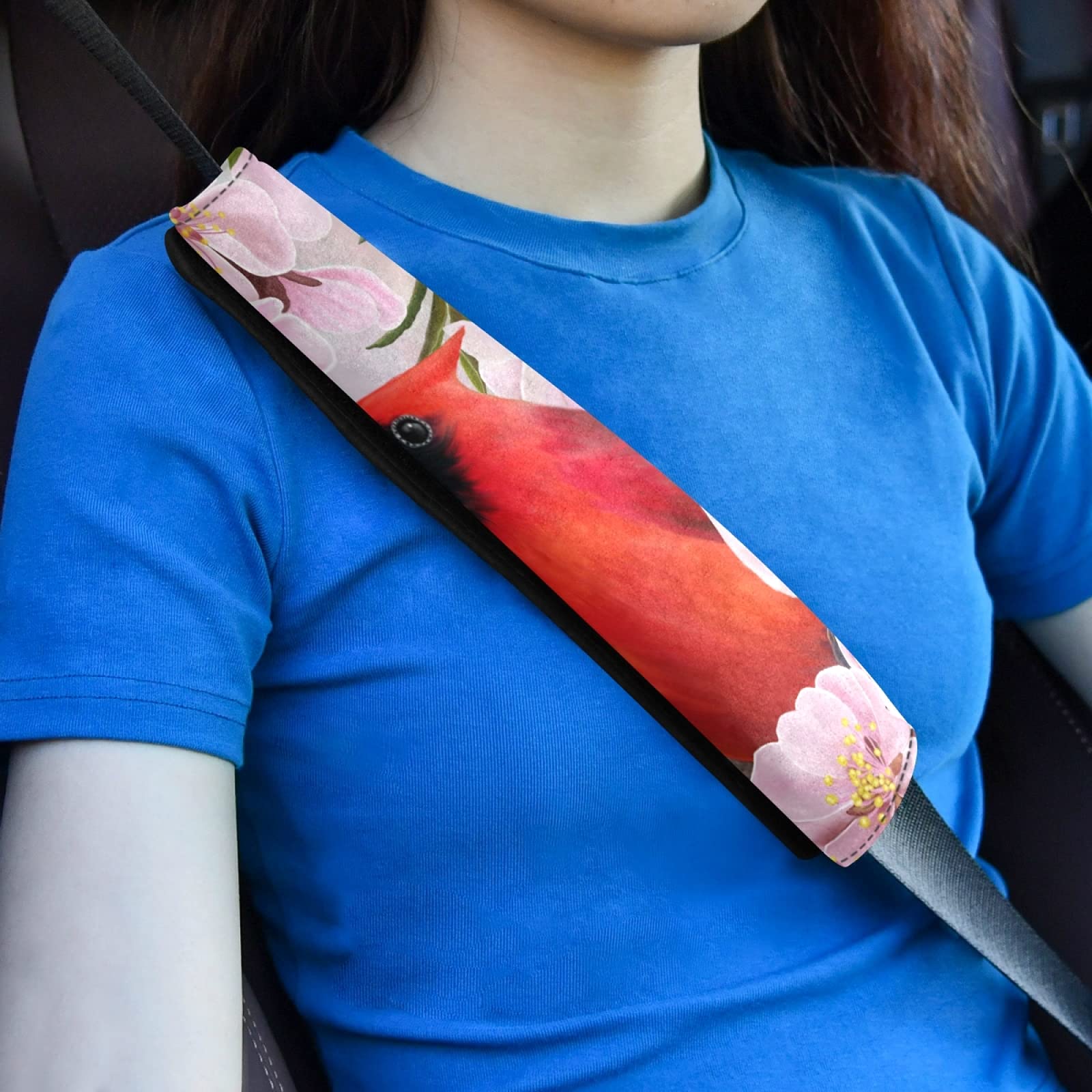 Red Cardinal Bird on Branch Almond Blossom Flowers - 2 Pack Adjustable Universal Car Seat Belt Pads Cover for Adults & Kids - Soft Shoulder Strap Cushions for Comfortable Driving, Road Trips & Daily Commute