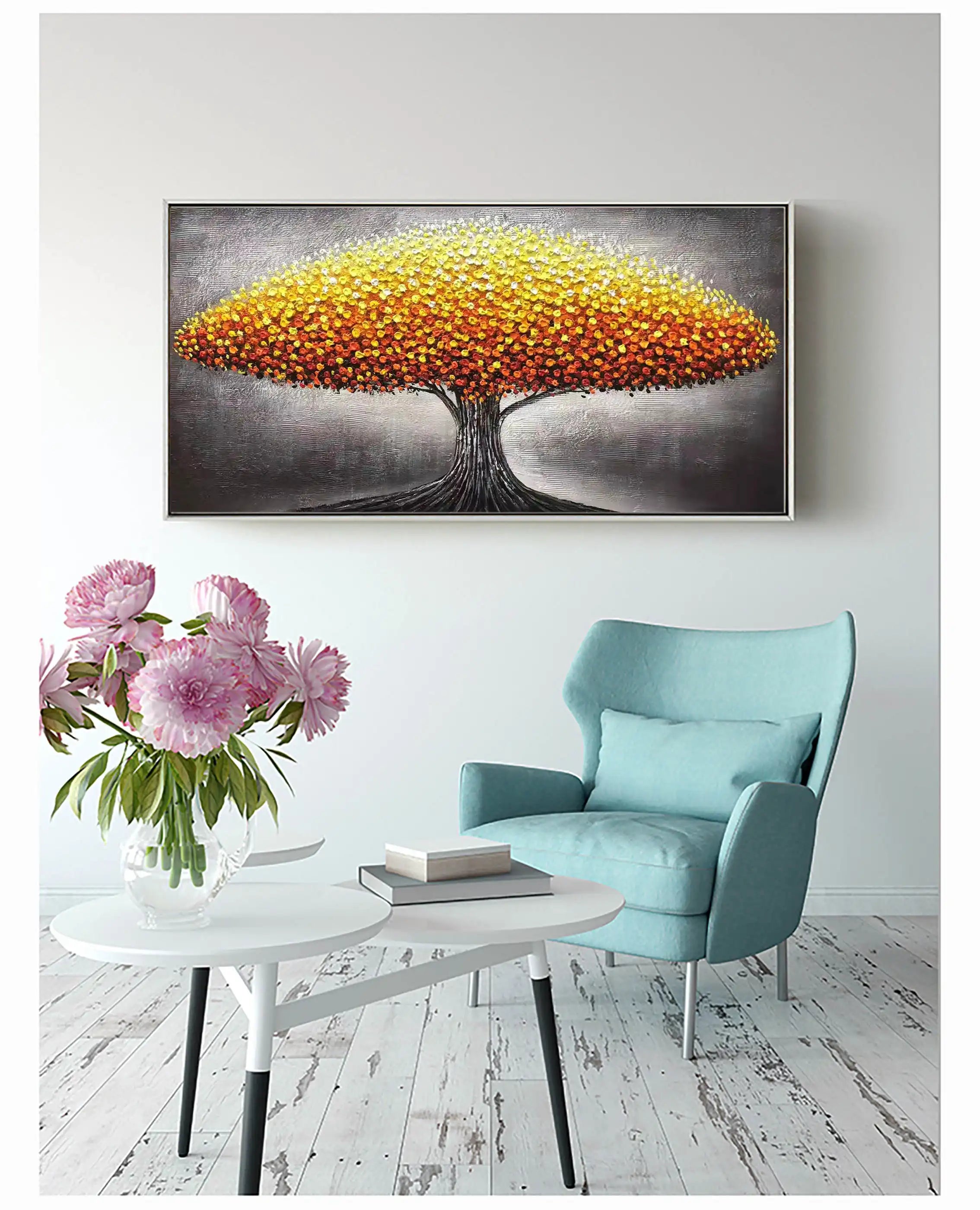 Beautiful Flower and Tree Painting #FT020 - Handmade Canvas Art for Home Decor, Living Room, Bedroom & Office Wall