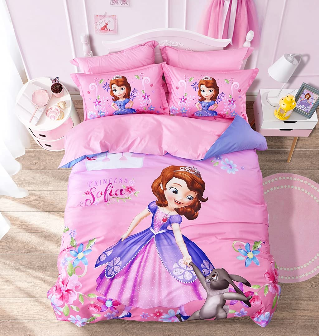 100% Cotton Kids Bedding Set - Princess Sofia Pink Duvet Cover, Pillowcases & Fitted Sheet, 4-Piece Full Size - Soft & Breathable for Girls' Bedroom Decor | Perfect for Kids' Rooms, Sleepovers & Cozy Nights