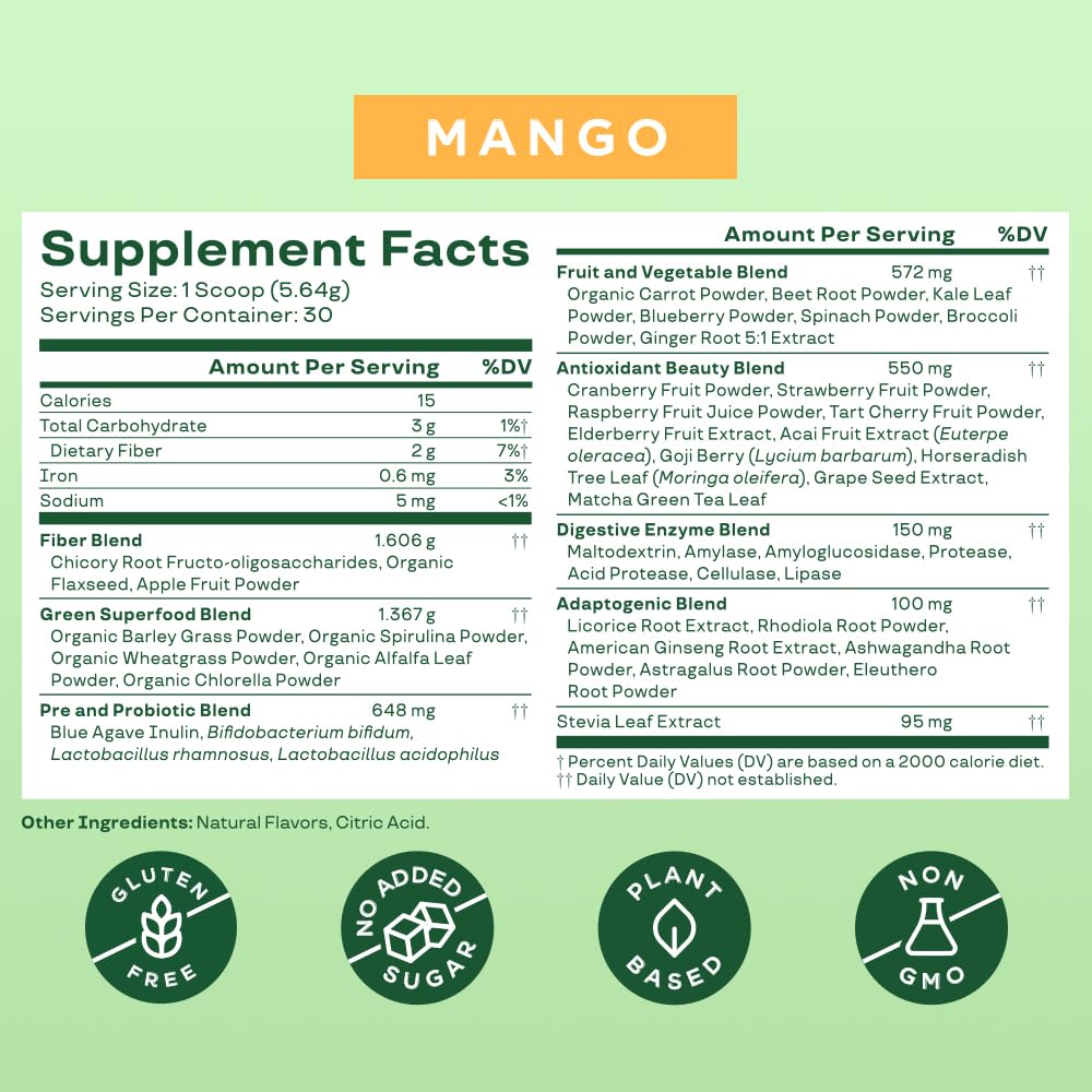 Bloom Nutrition Superfood Greens Powder with Digestive Enzymes, Probiotics & Prebiotics - Supports Gut Health, Reduces Bloating - Mango Flavor - Includes High-Powered Milk Frother Hand Mixer - Perfect for Smoothies, Shakes & Healthy Morning Routines