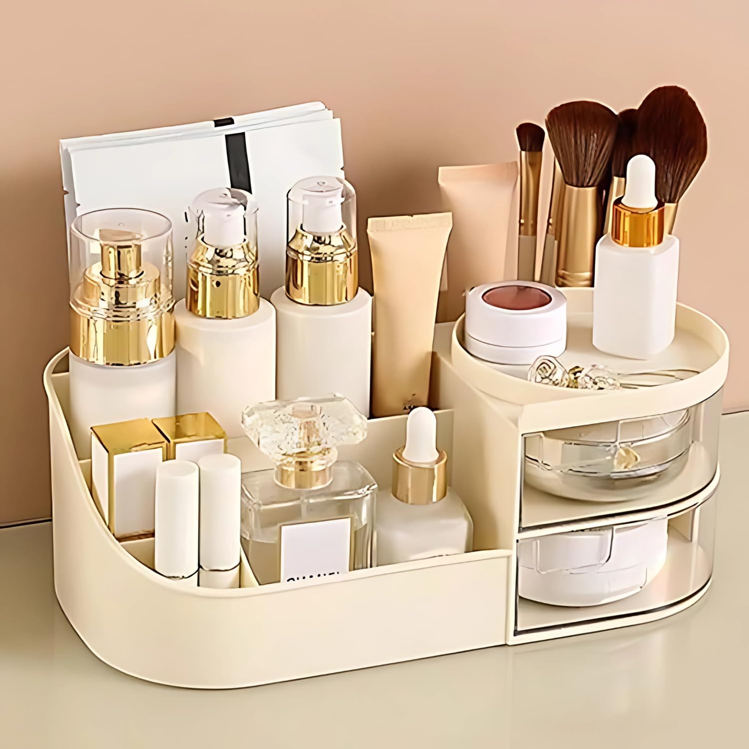 Elegant Makeup Organizer with Clear Drawers - Cosmetic & Skincare Storage Box for Vanity, Bathroom, and Travel (Cream) | Perfect for Organizing Lipsticks, Brushes, and Beauty Products