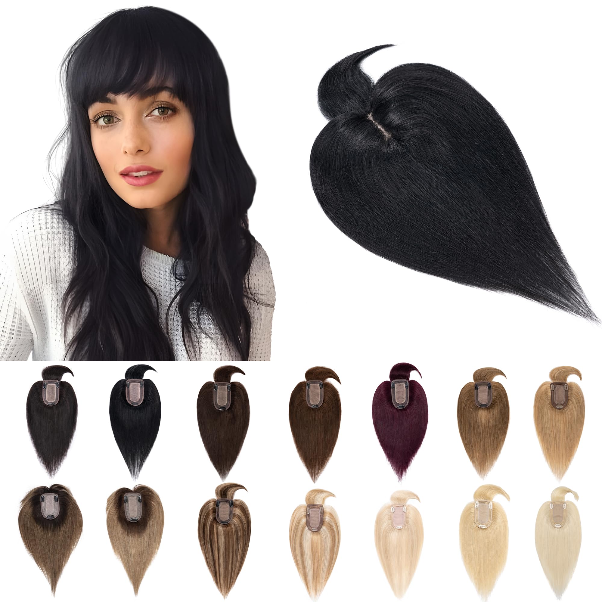 SEGO Real Human Hair Toppers for Women with Bangs - 7x13cm Silk Base, 100% Remy Human Hair Clip-in Top Wiglet for Thinning Hair (6 Inch, Jet Black) | Perfect for Daily Wear, Special Occasions & Hair Volume Enhancement
