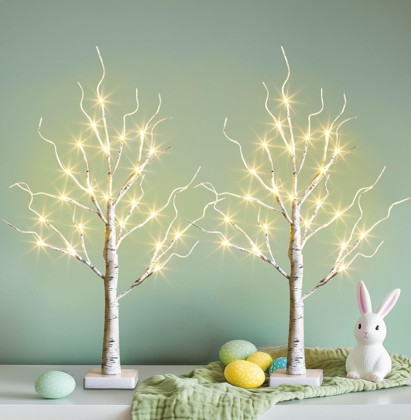 PEIDUO 2FT Birch Tree with LED Lights - Warm White Light Up Easter Tree Lamp for Home Decor, Battery Powered with Timer (2 Pack) - Perfect for Easter Table Centerpiece, Indoor Holiday Decorations & Cozy Ambiance