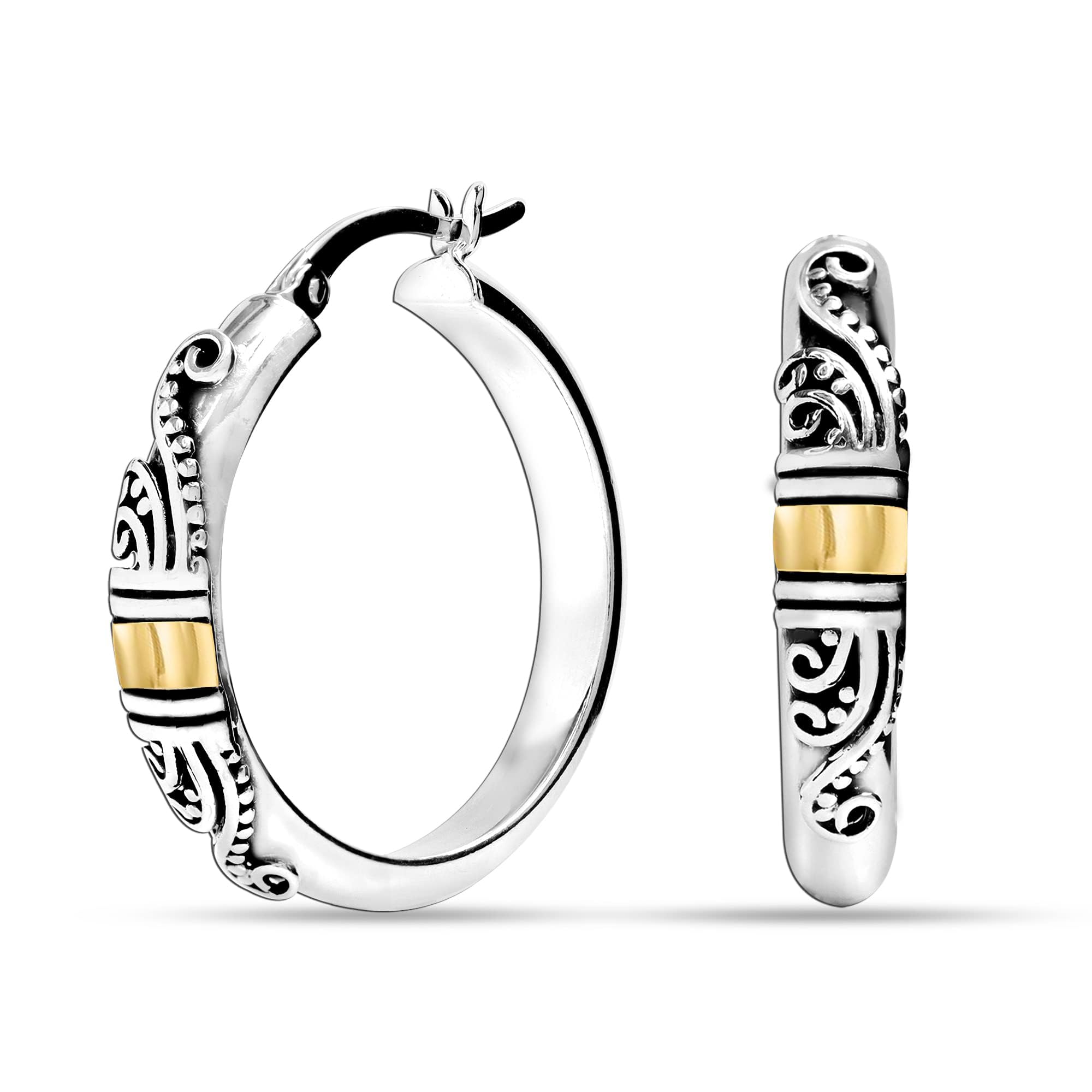 LeCalla 925 Sterling Silver Bali-Style Hoop Earrings - Lightweight Click-Top Italian Antique Design for Women | Perfect for Everyday Wear, Date Nights & Special Occasions