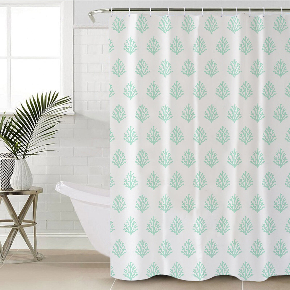 Coral Mint Shower Curtain - Waterproof Bathroom Decor with Hooks, Modern Coastal Design for Beach House & Spa Style Bathrooms - Perfect for Master Bath, Guest Bath & Vacation Homes