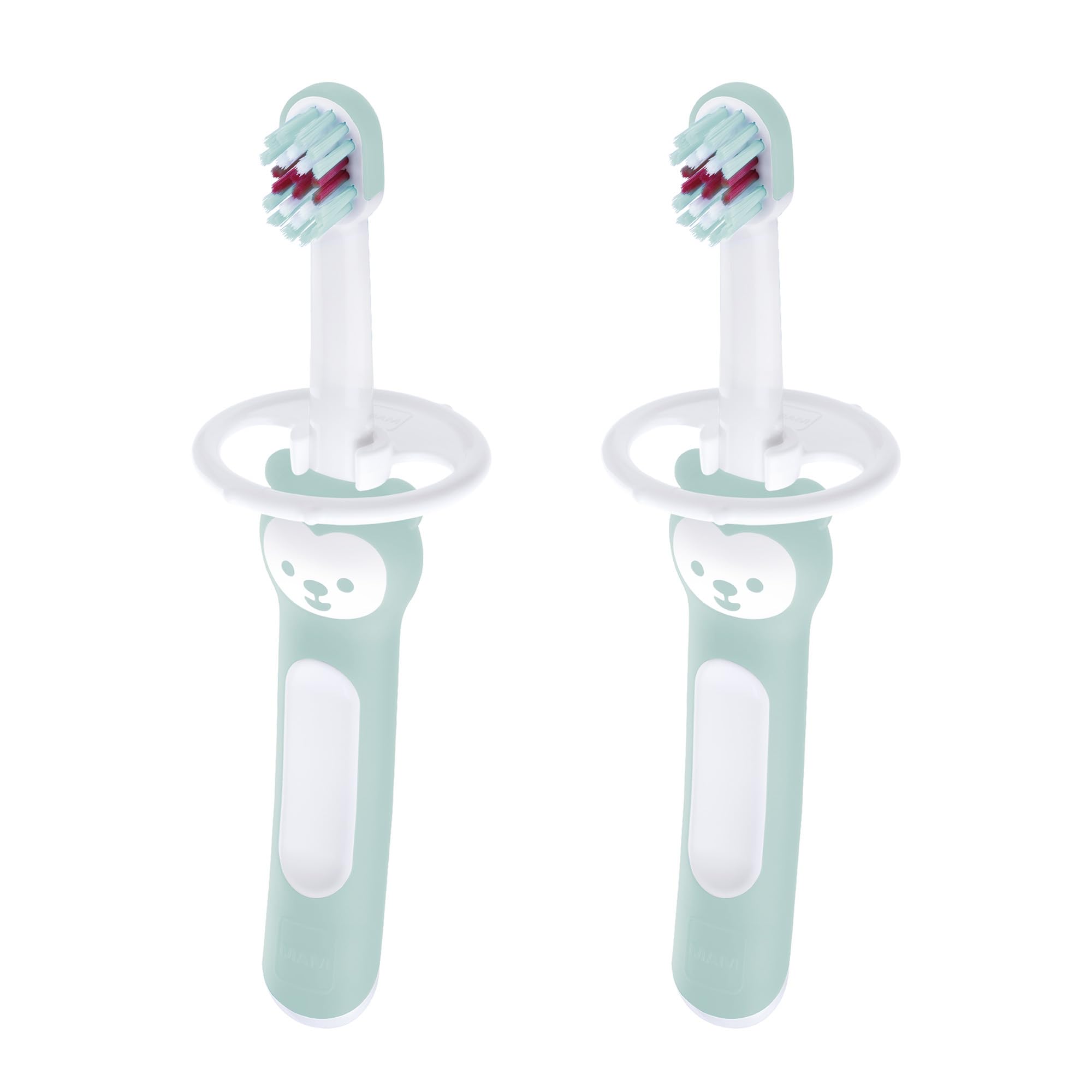 MAM Baby Toothbrushes Set - 2 Soft Bristle Toothbrushes & 1 Safety Shield with Brushy The Bear, Interactive Dental Care App for Infants 6+ Months, Blue - Gentle Teeth Cleaning for Babies & Toddlers During Bath Time and Bedtime Routine