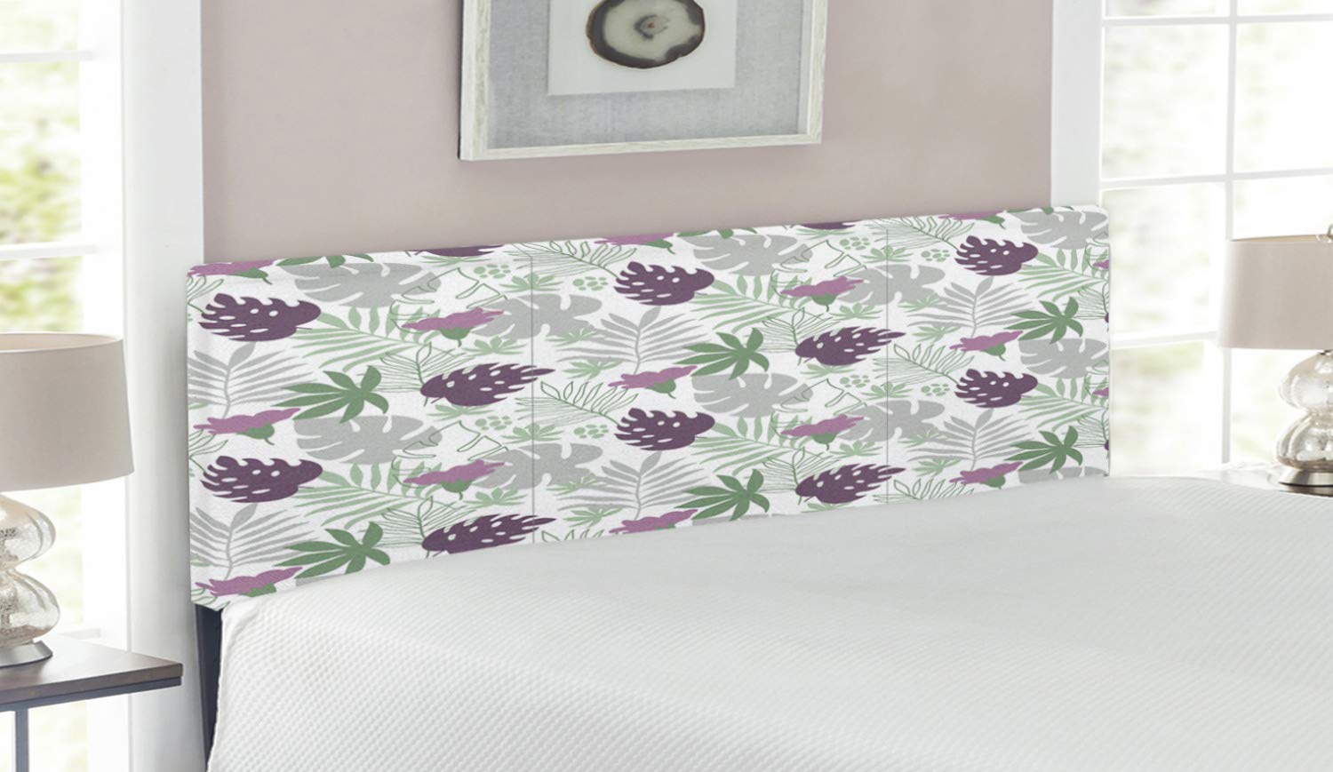 Ambesonne Tropical Leaves Headboard - Queen Size Upholstered Metal Bed Frame with Memory Foam | Exotic Botany Hawaiian Nature Design in Eggplant Green & Grey | Perfect for Bedroom Decor, Guest Rooms & Vacation Home Styling