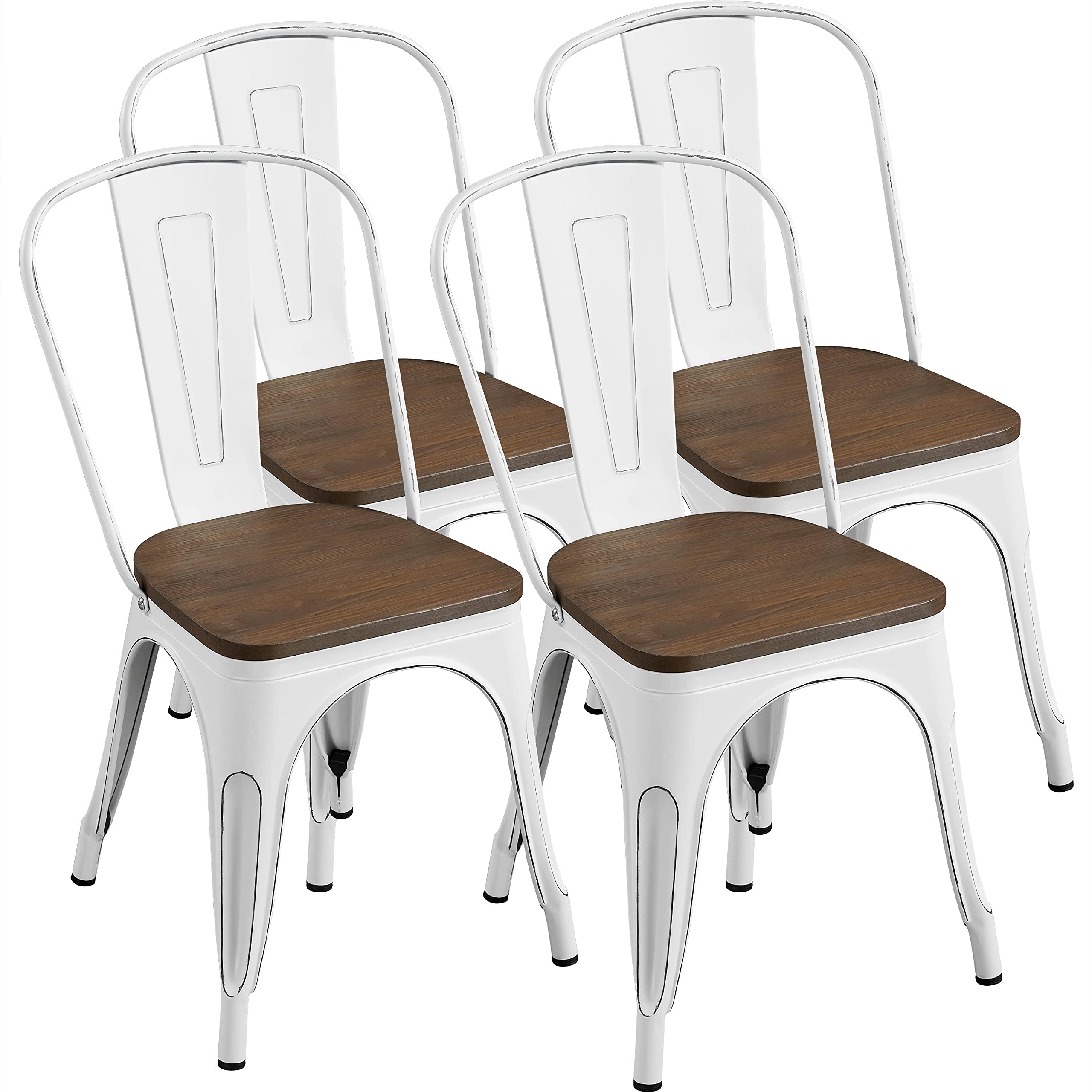 Topeakmart 4-Piece White Metal Dining Chairs Set - Stackable Indoor/Outdoor Wooden Chairs for Kitchen, Patio, Dining Room - Perfect for Home Decor, Garden Parties & Restaurant Use