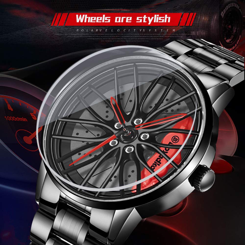 Stainless Steel Car Wheel Watch with Japanese Quartz Movement - Waterproof Sports Wristwatch for Men, Racing Enthusiasts | Perfect for Driving, Motorsports & Everyday Wear