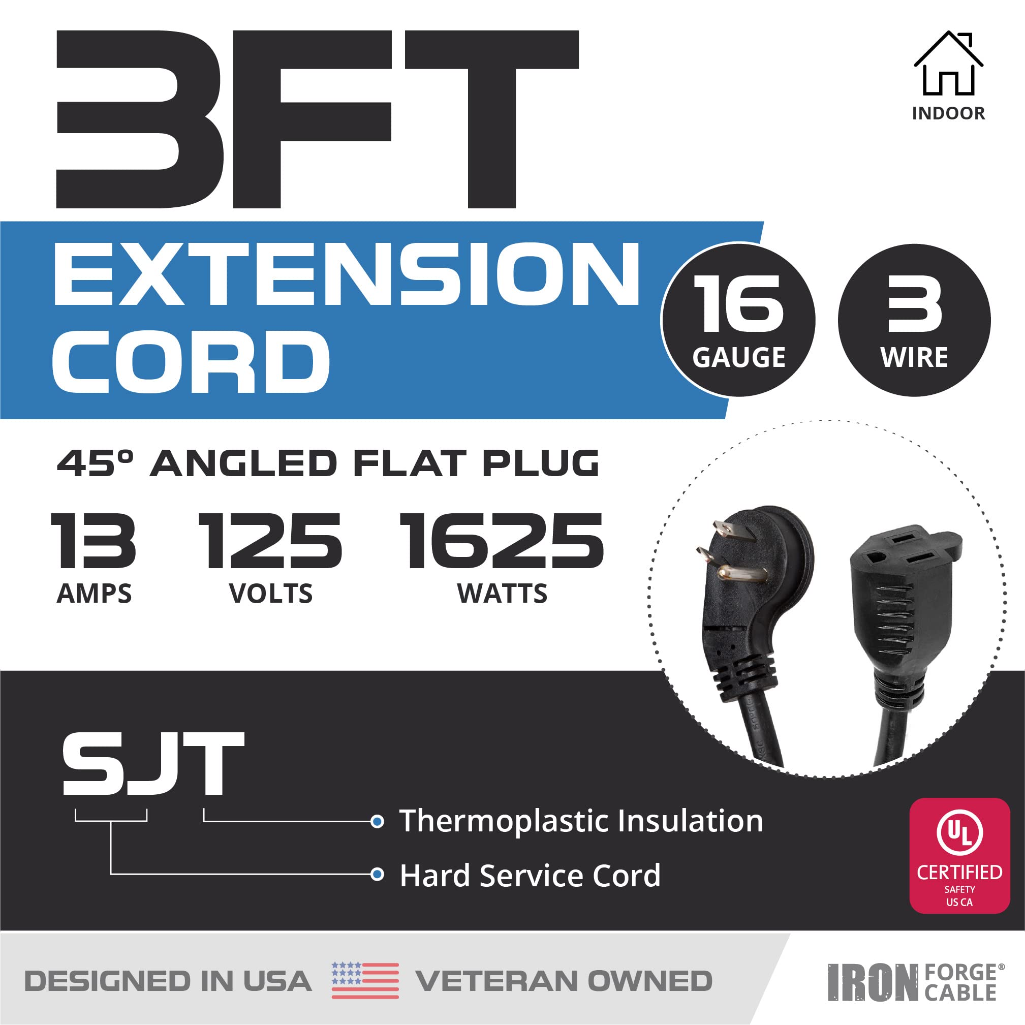 Iron Forge Cable 3 ft Flat Plug Extension Cord 3 Prong, 2 Pack - 16 AWG Black Indoor Power Cord with 45° Angled Flat Plug, 13 Amp SJT - Perfect for Tight Spaces Behind Furniture & Home Office Setup - US Veteran Owned