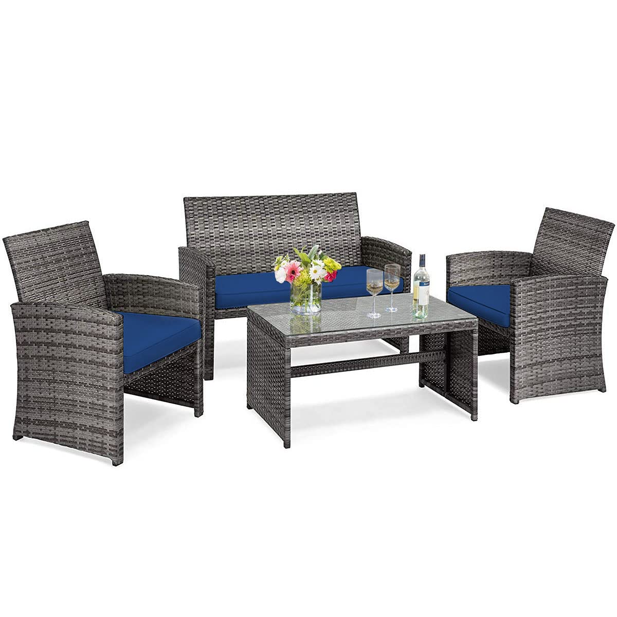 Tangkula 4-Piece Wicker Patio Conversation Set - Outdoor Rattan Sofa Set with Coffee Table & Soft Cushions, Durable Patio Furniture for Poolside, Balcony, Garden or Backyard Relaxation