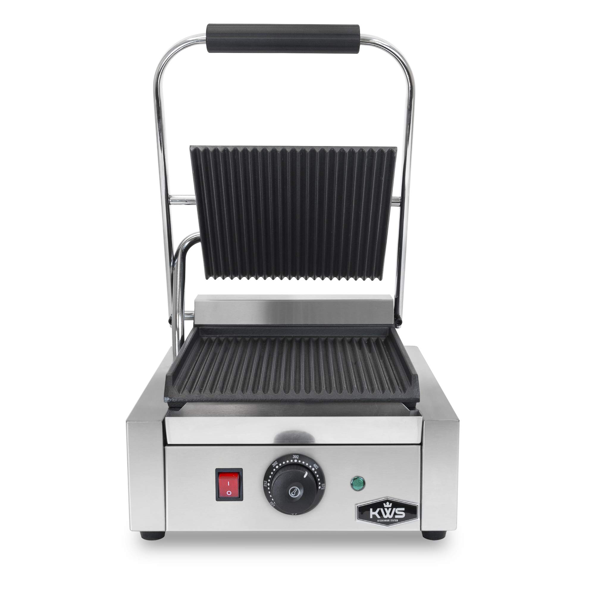 KWS PM-16 Premium 110V Commercial 1600W Electric Panini Press Grill with Non-Stick Grooved Plates - 9.25