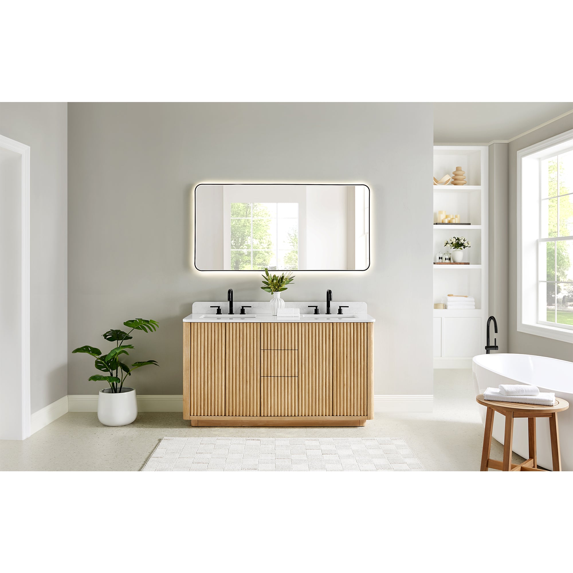 Clayton 60 Inch Double Bathroom Vanity with Washed Light Brown Finish & White Engineered Stone Countertop - Perfect for Master Bathroom or Guest Bath Remodel