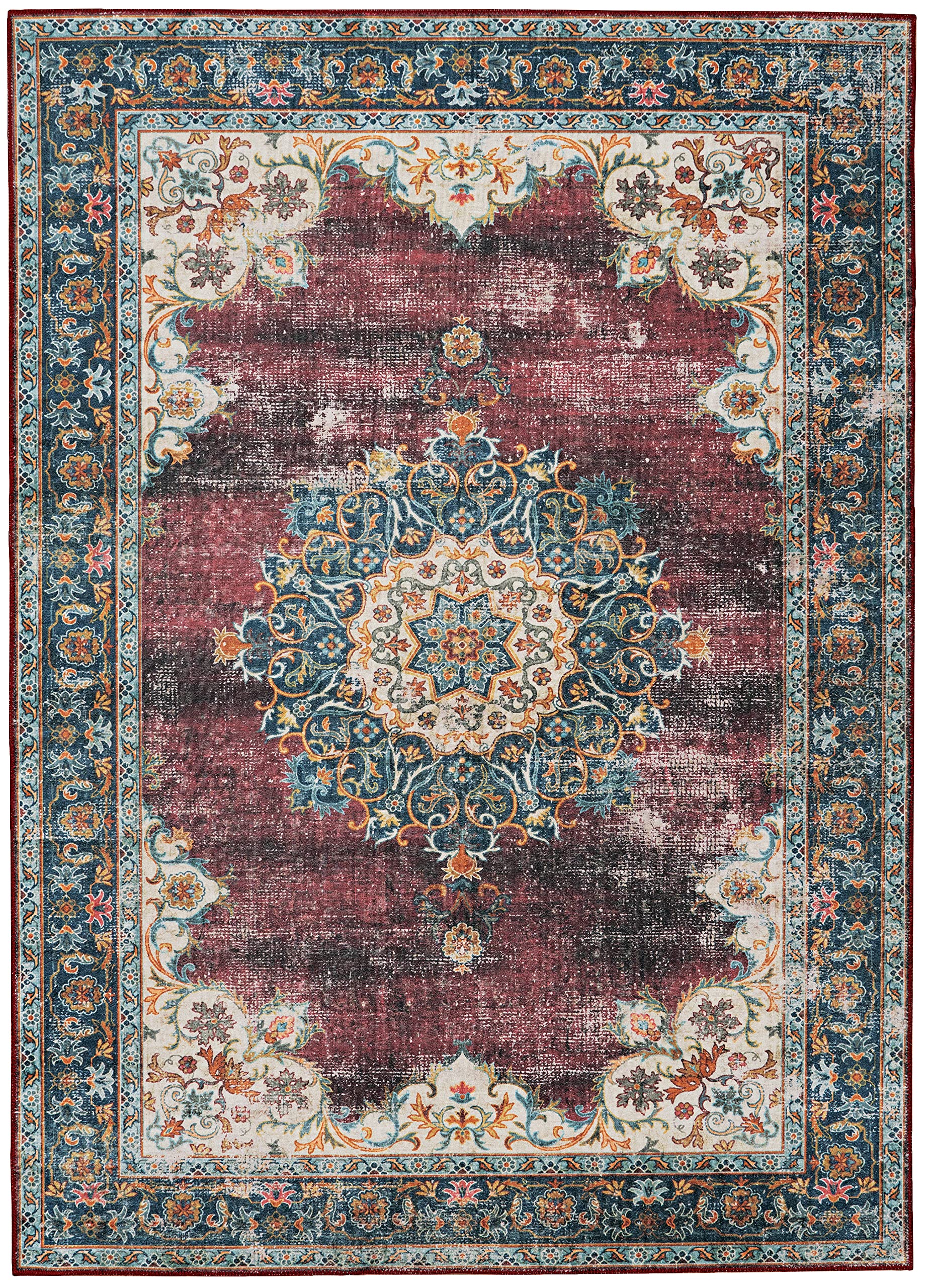 Linon Home Decor Washable Area Rug 5' x 7' - Carver Ivory & Burgundy - Stain Resistant Indoor/Outdoor Rug for Living Room, Bedroom, Patio & High Traffic Areas