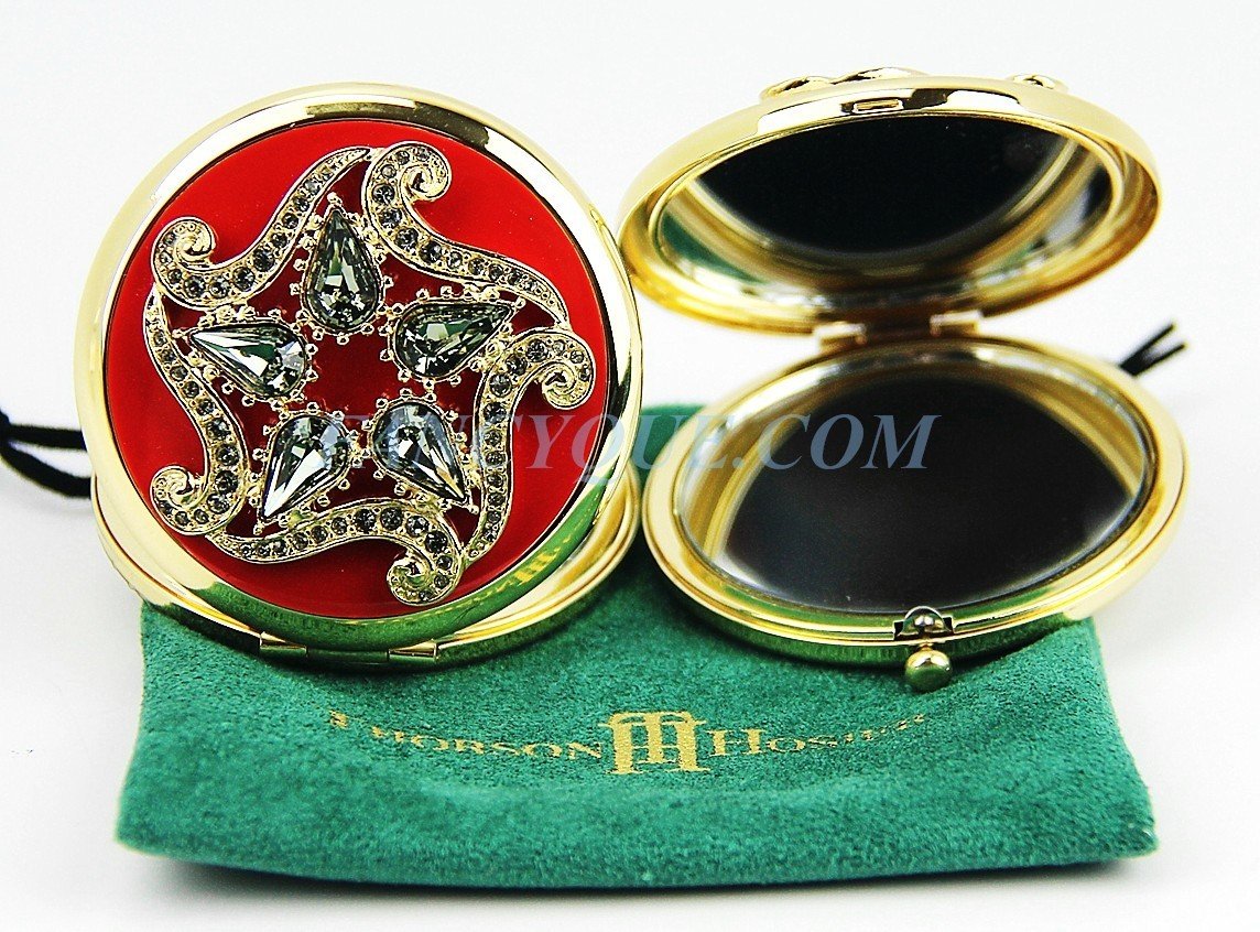 Compact Round Purse Mirror with Swarovski Crystals - Red, Made in USA | Perfect for Travel, Makeup Touch-Ups & Gifts