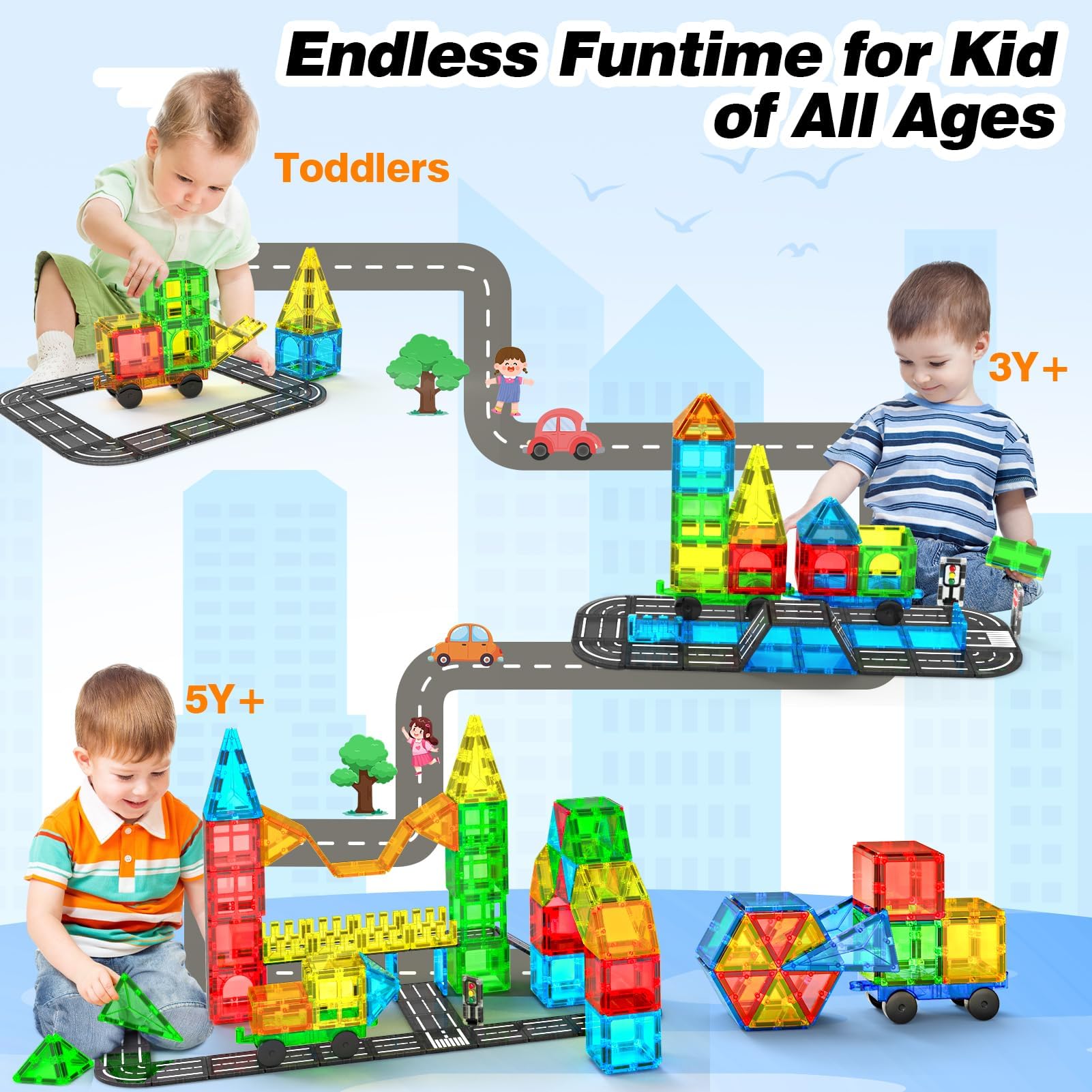 Magnetic Building Blocks Toys for Kids Ages 3-8 - 120PC STEM Construction Set with Cars & Road Tiles | Montessori Educational Toys for Boys & Girls | Perfect Christmas Birthday Gift for Toddlers | Creative Play for Home, Classroom & Travel