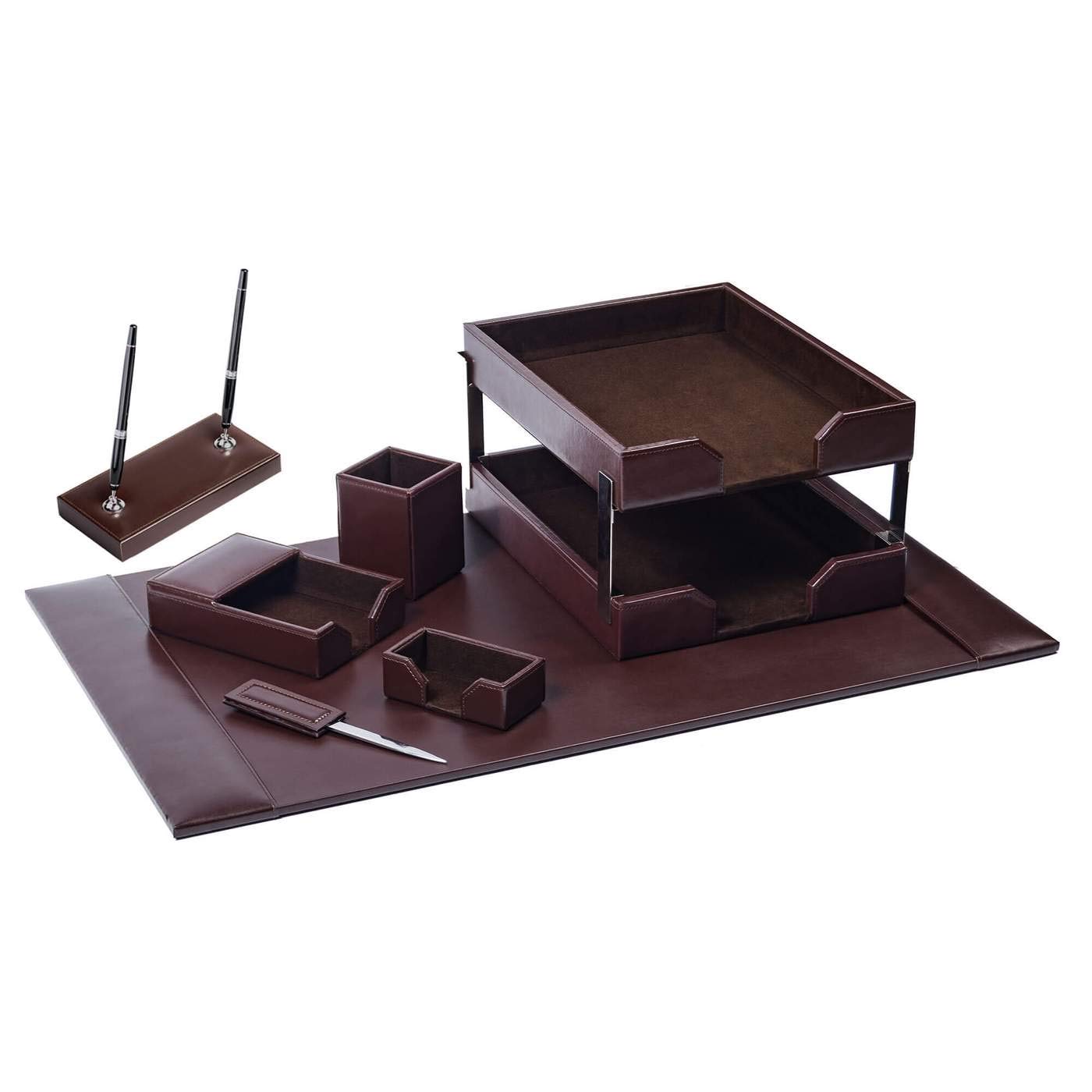 Premium Dark Brown Bonded Leather 9-Piece Office Desk Set - Includes Pen Holder, Letter Tray & More - Perfect for Home Office, Executive Suite & Corporate Gifts