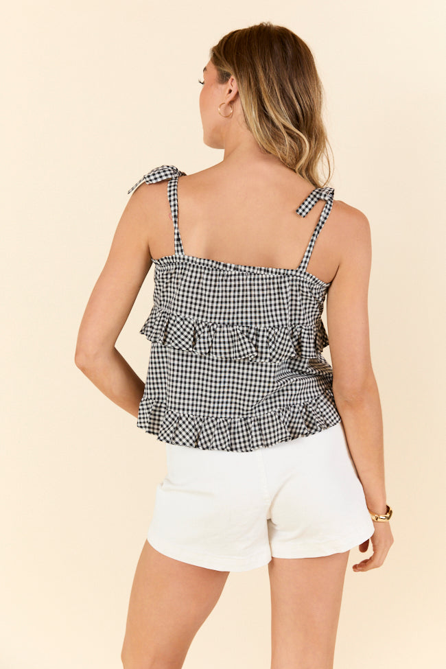 Moonlit Black Gingham Tie Sleeve Tank Top for Women - Stylish Summer Blouse for Casual Outings, Beach Wear & Date Nights