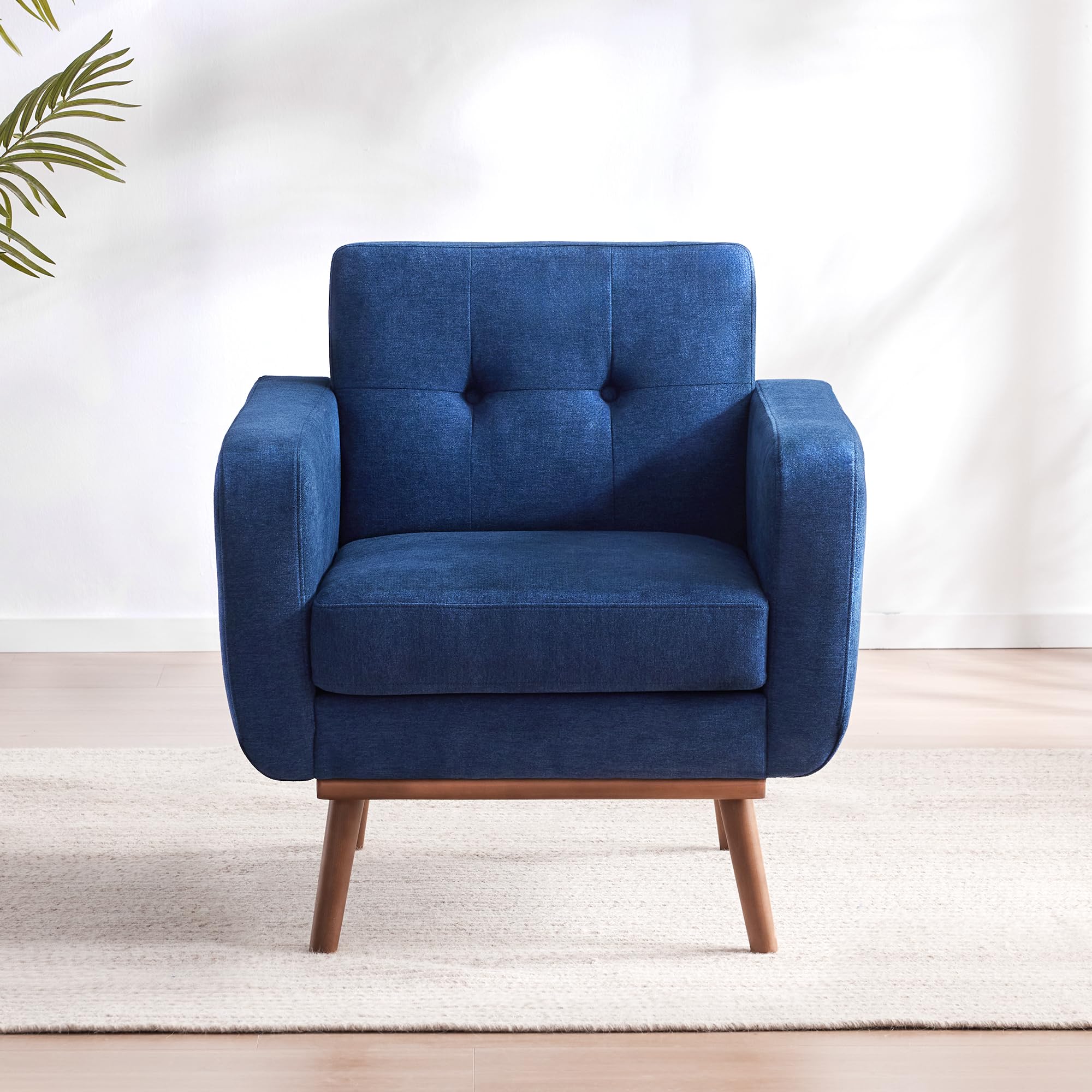 HUIMO Mid Century Modern Fabric Accent Chair - Button Tufted Armchair with Upholstered Seat for Living Room, Bedroom, Office & Study - Easy Assembly Comfortable Reading Chair (Dark Blue) - Perfect for Relaxing, Working or Decorating Your Home Space