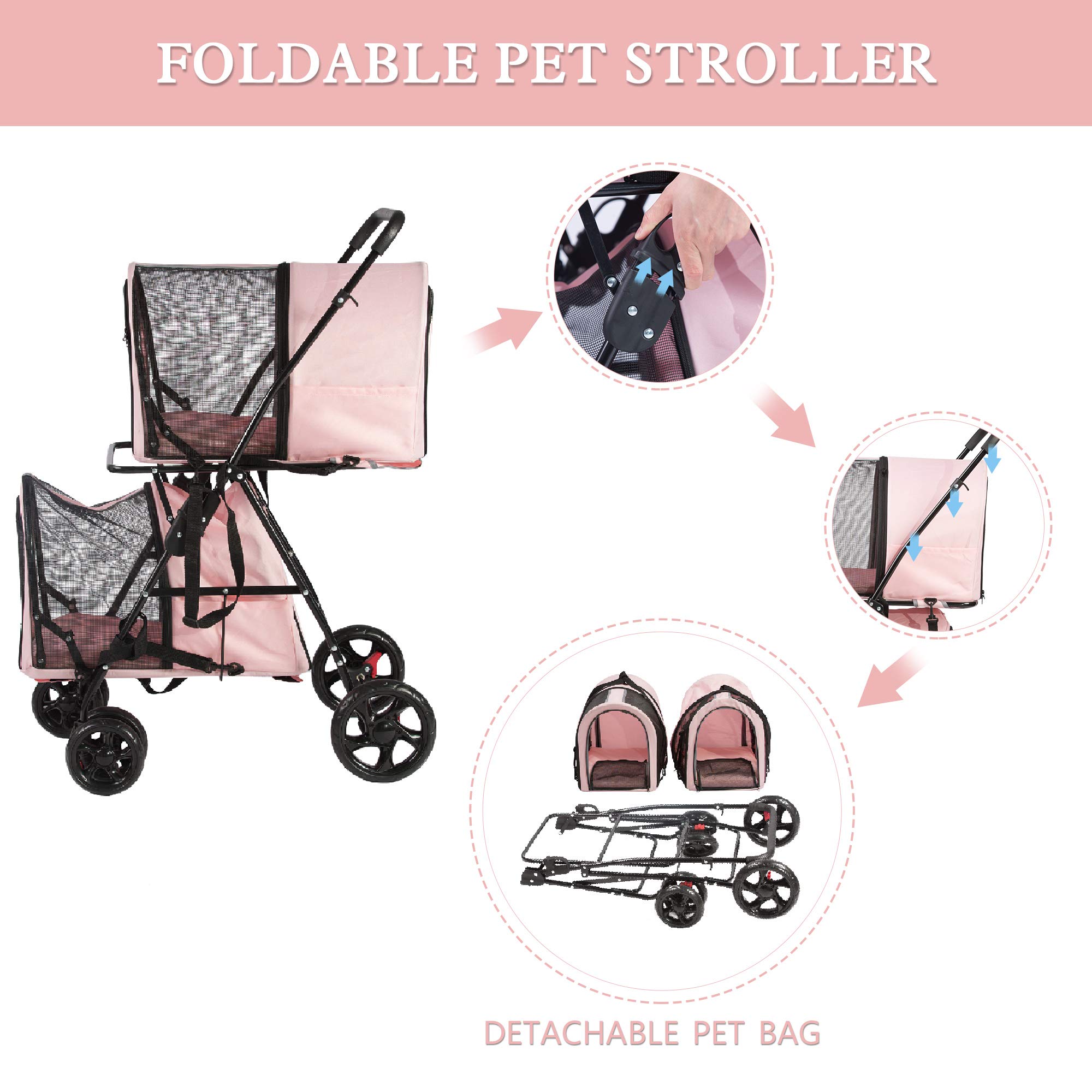 Double Pet Carrier with 2 Detachable Bags - Foldable Cat & Dog Stroller with Lockable Wheels & Safety Belt - Portable Travel Carrier for Small & Medium Pets (Pink) - Perfect for Vet Visits, Air Travel & Outdoor Adventures