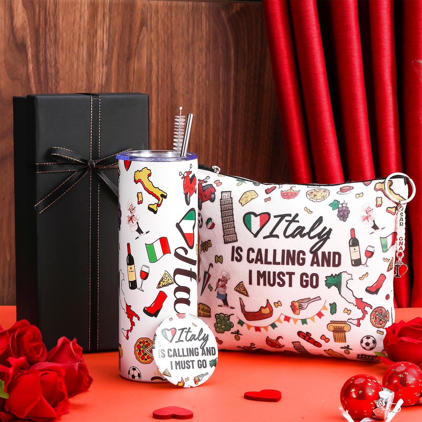 5-Piece Italy Travel Gift Set for Women - Funny Italy-Themed Souvenirs with Cosmetic Bag, Thermal Cup & Keychain - Perfect for Travelers, Birthday, Christmas & Party Gifts | Great for Vacation, Holiday Presents & Italian-Themed Events