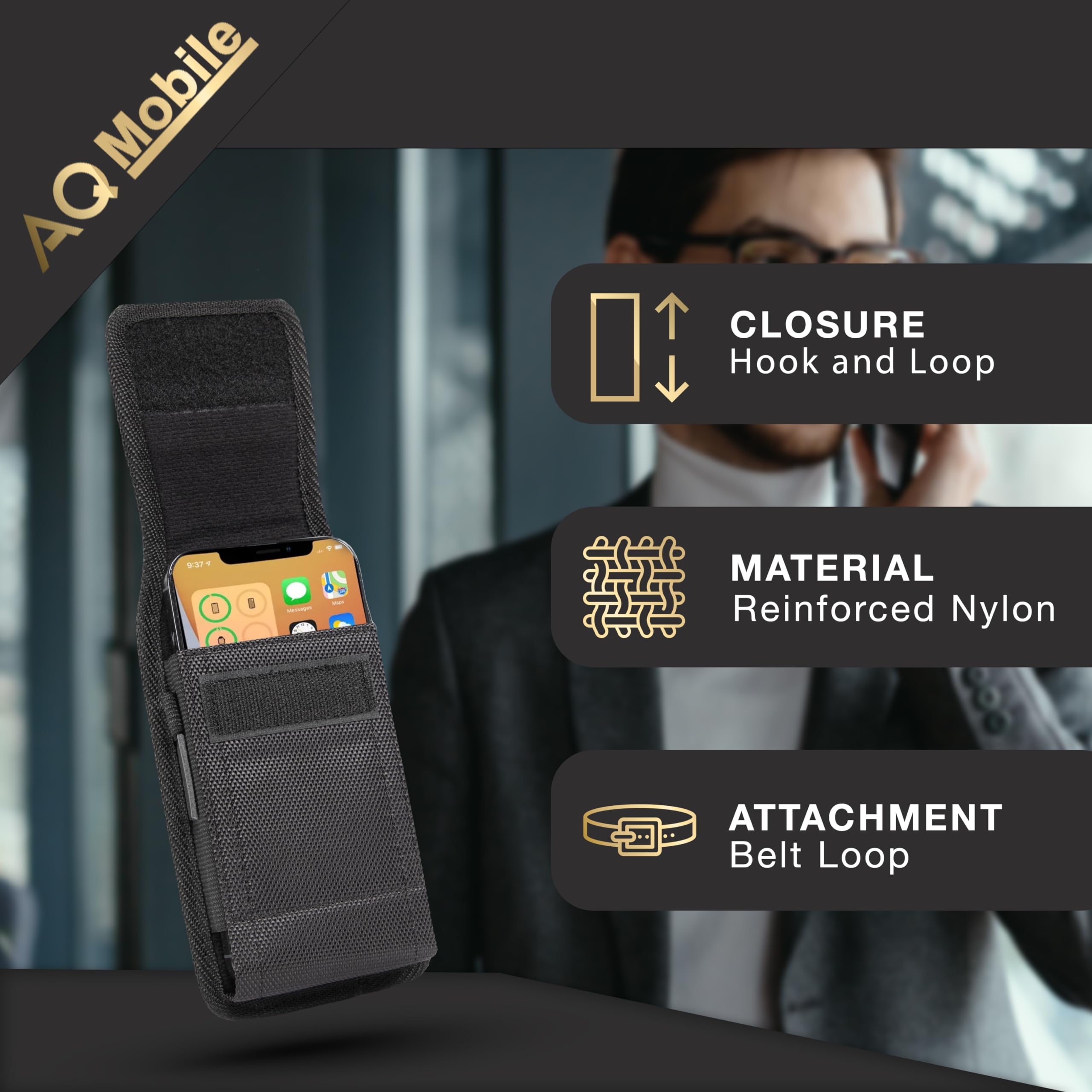 Universal Vertical Phone Holster - Belt Loop Pouch for iPhone 16/15/14/13/12 Pro & Galaxy S25/S24/S23/S22/S21 - Durable Nylon (Fits 6.3