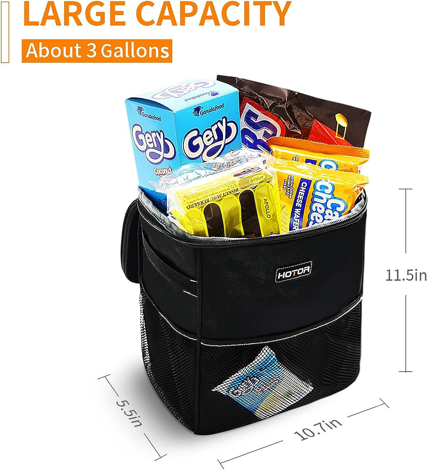 HOTOR 3 Gallon Car Trash Can - Large Capacity Waterproof Vehicle Organizer with Adjustable Straps & Magnetic Snaps - Perfect for Road Trips, Camping & Daily Commute - Black